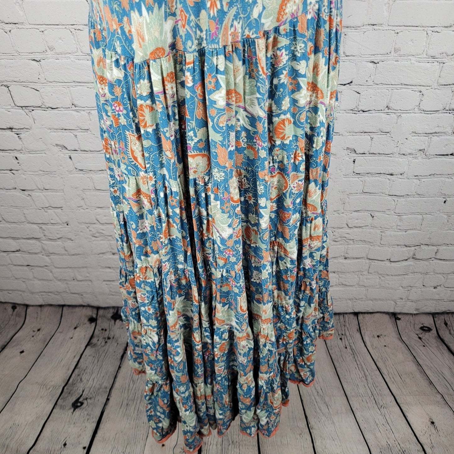 Soft Surroundings Blue Floral Short Sleeve Boho Maxi Dress Size Medium M
