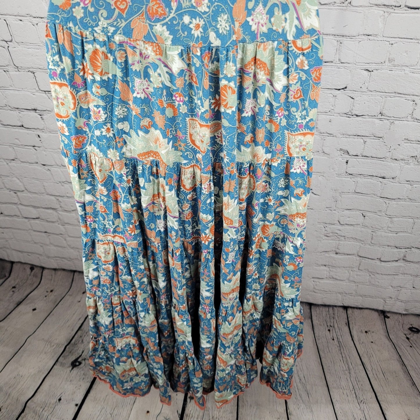 Soft Surroundings Blue Floral Short Sleeve Boho Maxi Dress Size Medium M