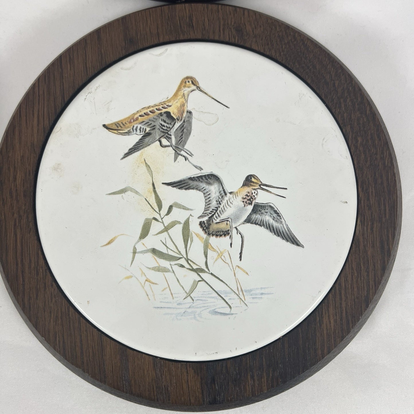 MCM Round Wooden Ceramic Tile Trivet Nature Scenes Birds In Flight Complete Set