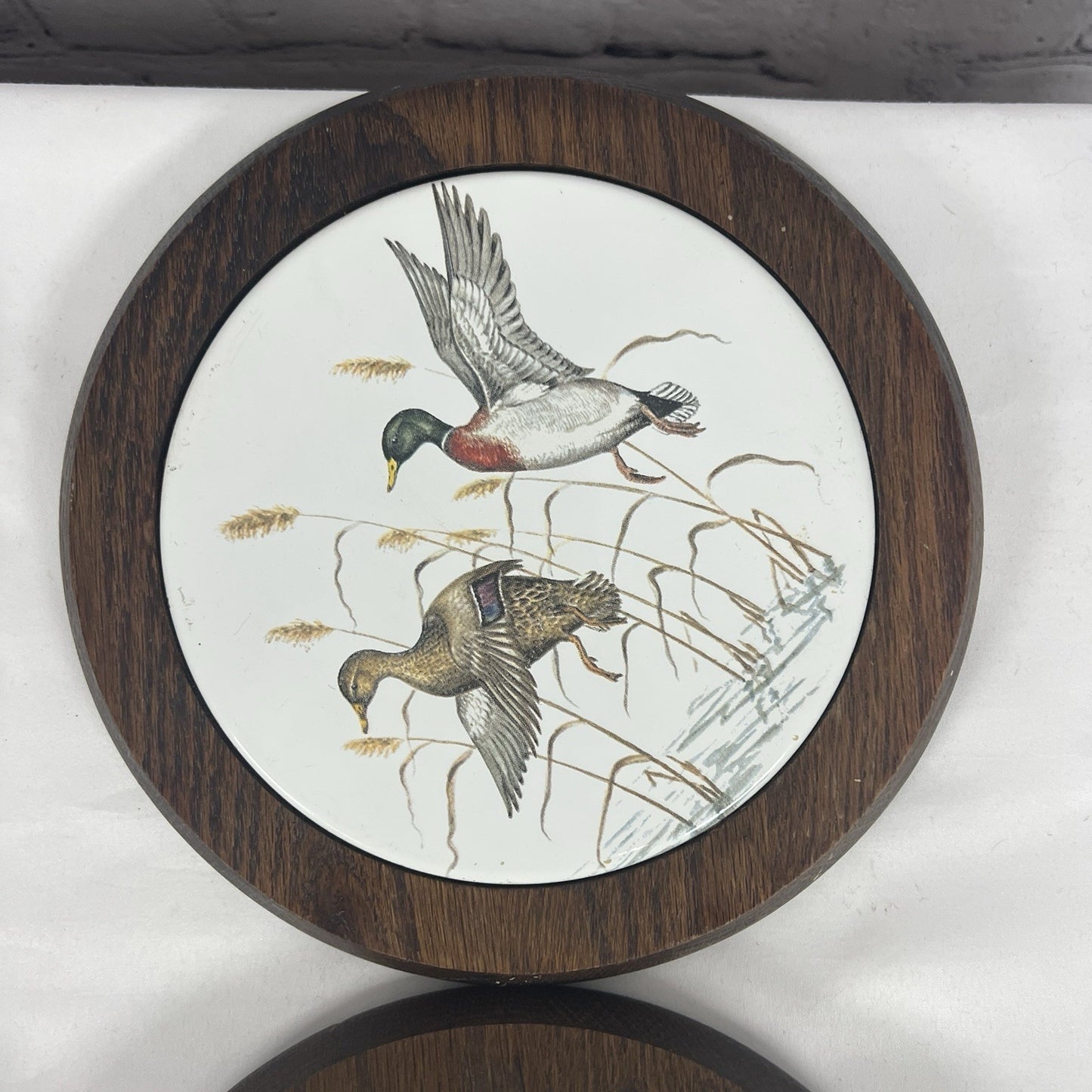MCM Round Wooden Ceramic Tile Trivet Nature Scenes Birds In Flight Complete Set