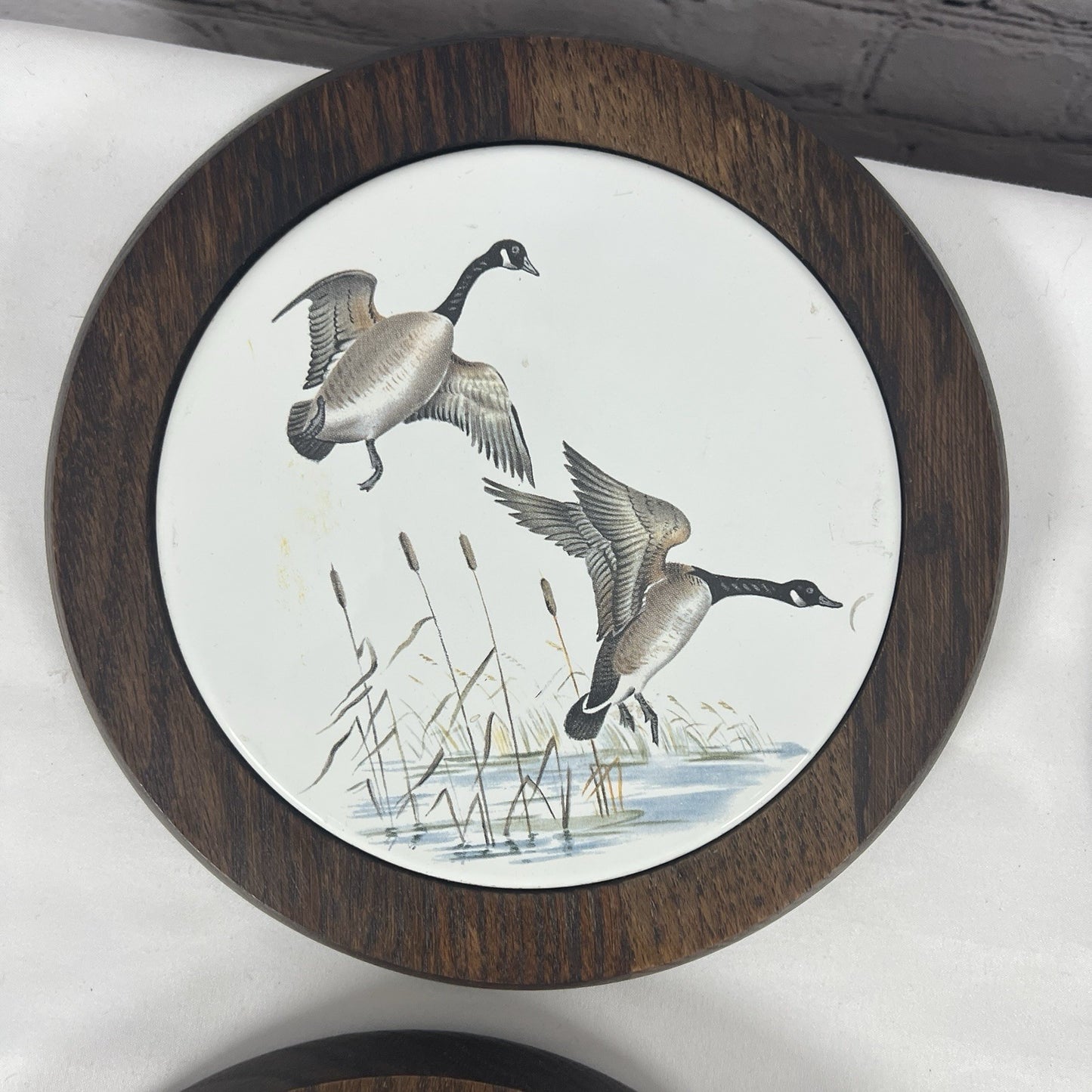 MCM Round Wooden Ceramic Tile Trivet Nature Scenes Birds In Flight Complete Set