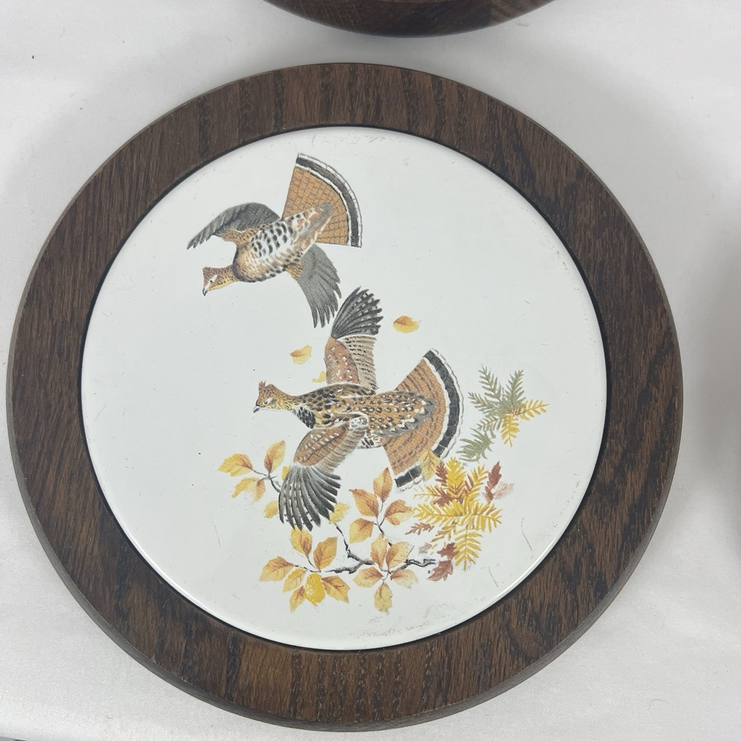 MCM Round Wooden Ceramic Tile Trivet Nature Scenes Birds In Flight Complete Set