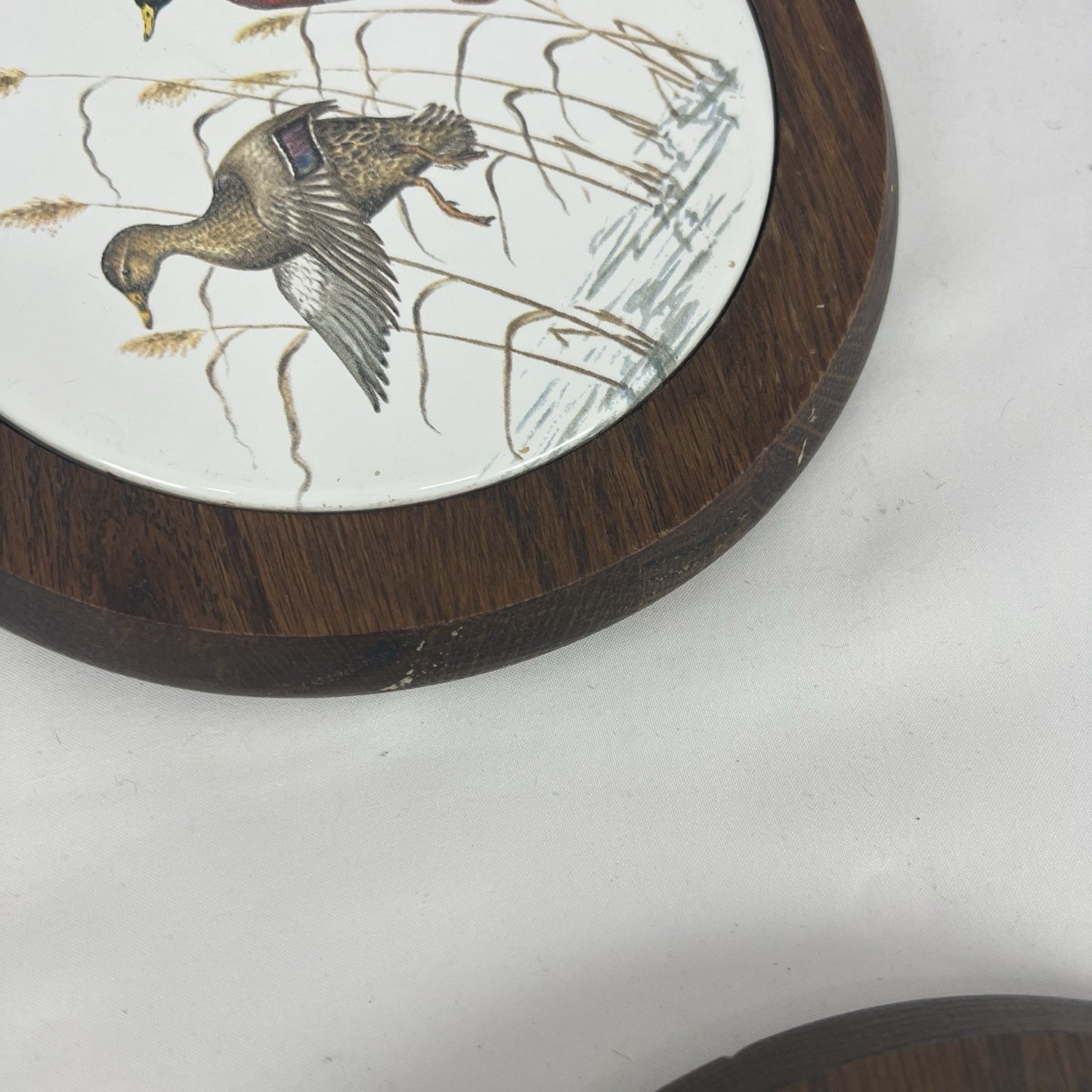 MCM Round Wooden Ceramic Tile Trivet Nature Scenes Birds In Flight Complete Set