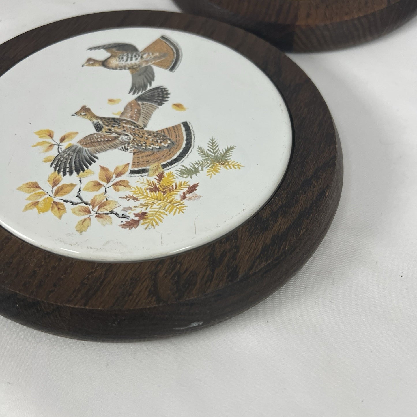 MCM Round Wooden Ceramic Tile Trivet Nature Scenes Birds In Flight Complete Set