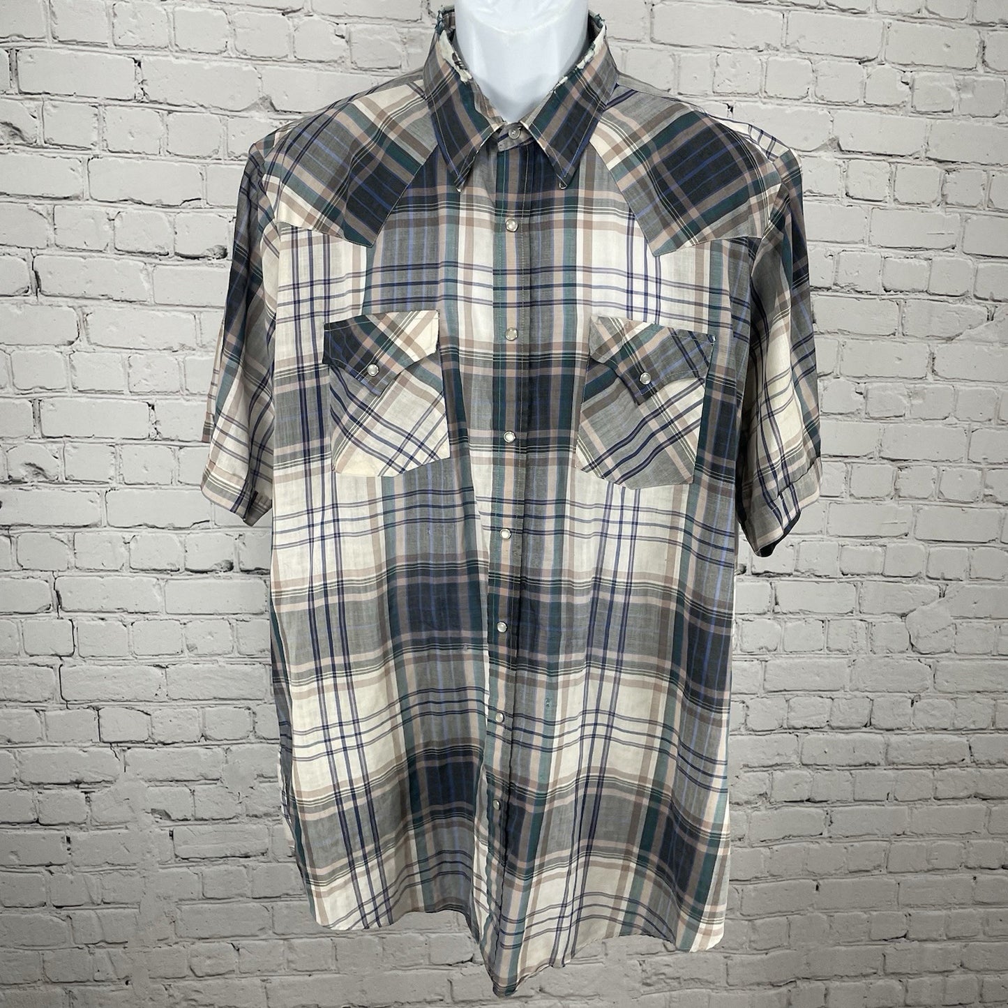 VTG Ely Cattleman Plaid Pearl Snap Western Short Sleeve Shirt Size XLT 17-1/2
