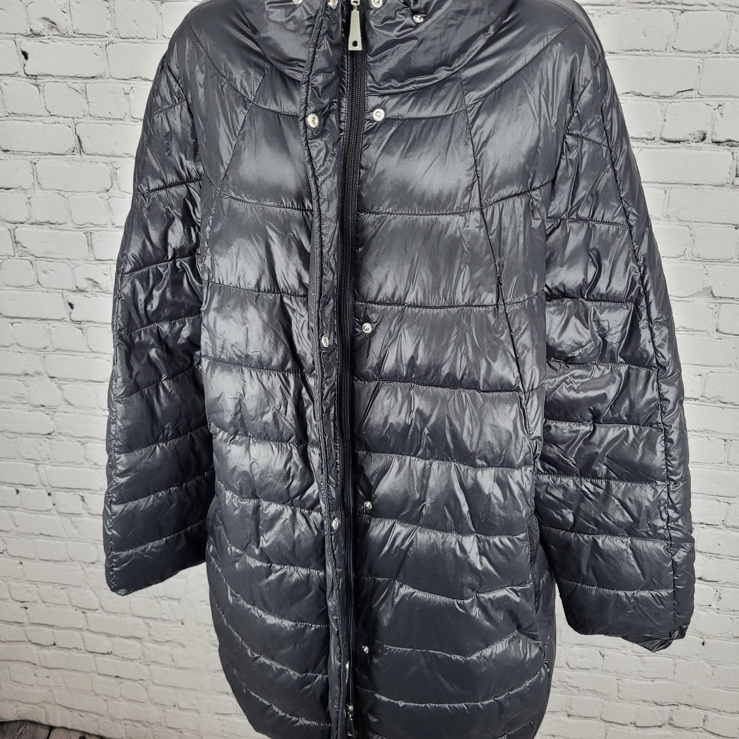 Luisa Viola Black Quilted Imbottito Full Zip & Snap Jacket Italy Made US Size 14
