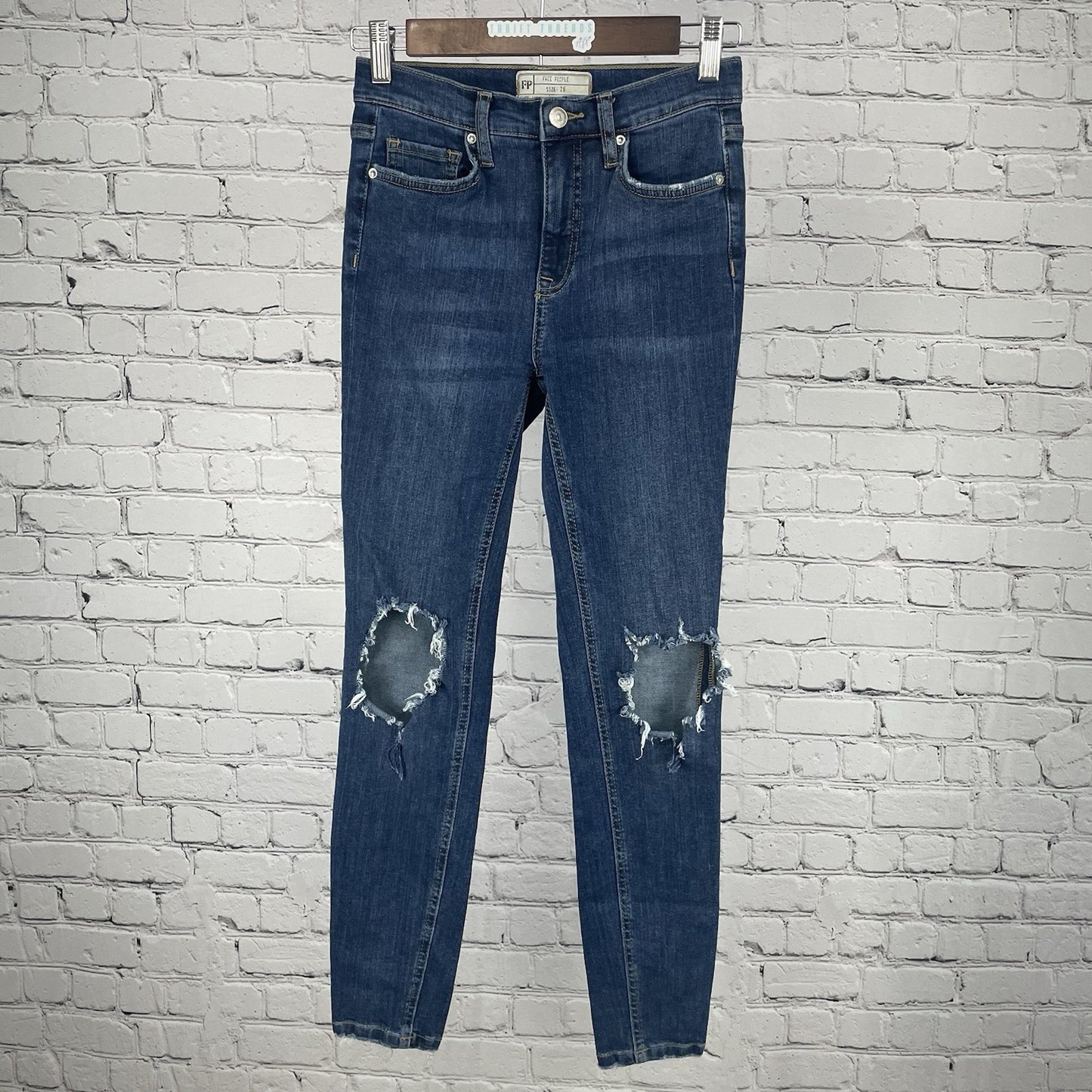 Free People Blue Denim Distressed Skinny Mid Rise Ankle Jeans Size 26 (25x26)