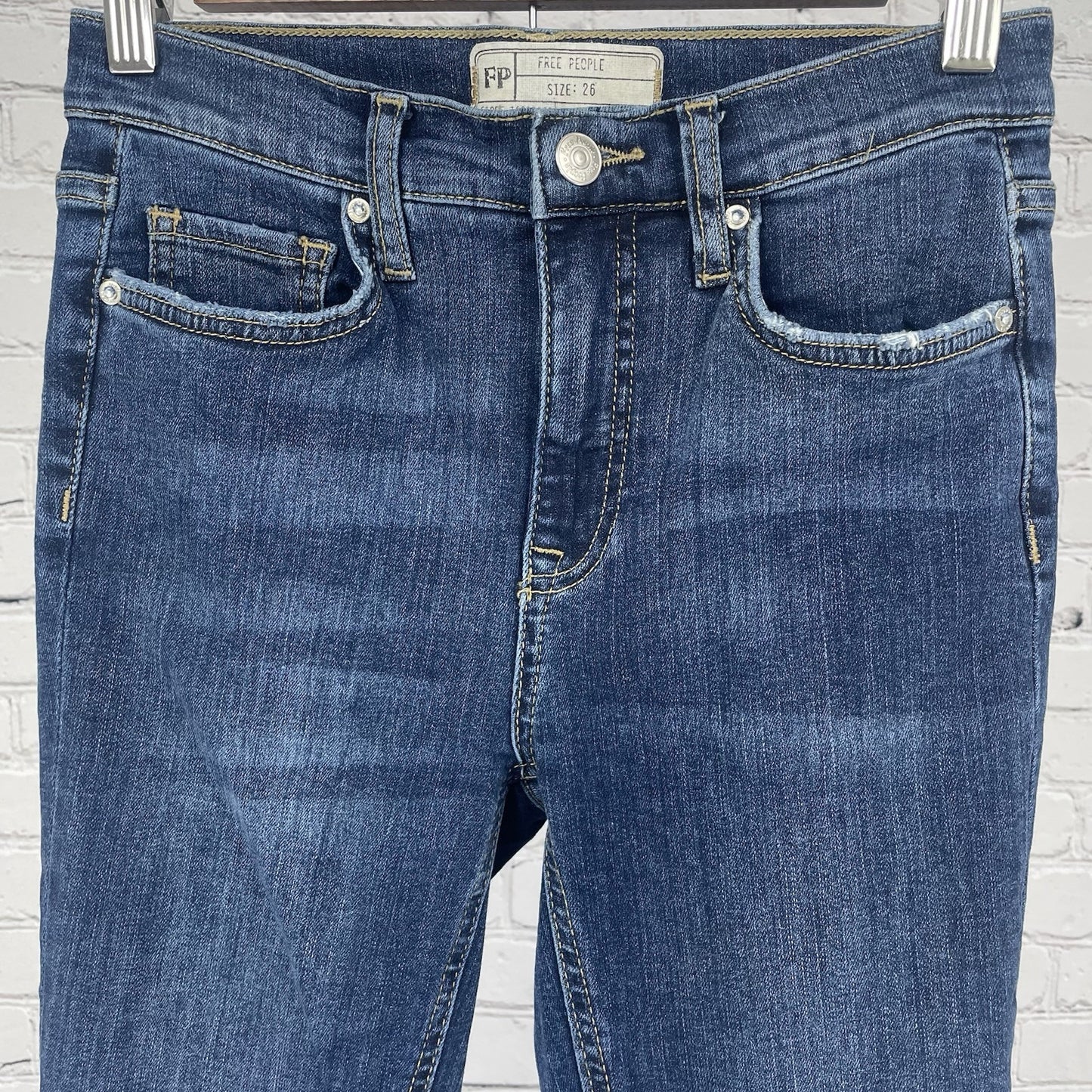 Free People Blue Denim Distressed Skinny Mid Rise Ankle Jeans Size 26 (25x26)