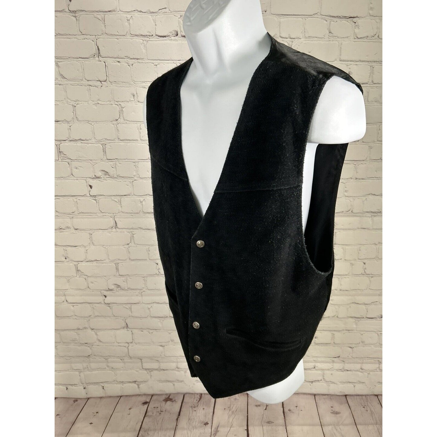 VTG IN PRIVATE Solid Black Genuine Leather Snap Down V Neck Western Vest Men’s L