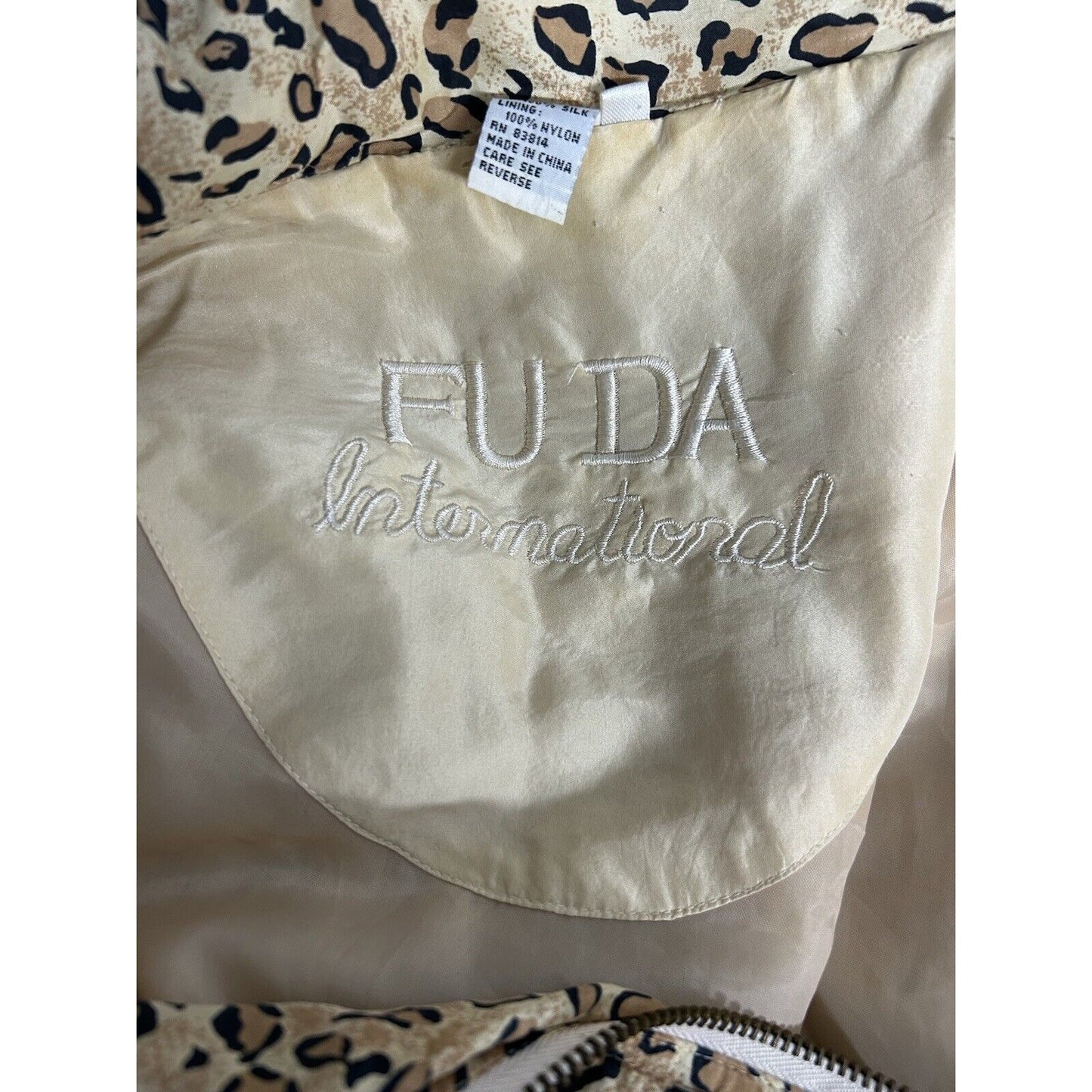 VTG FUDA International Leopard Print Full Zip 100% Silk Bomber Style Jacket L