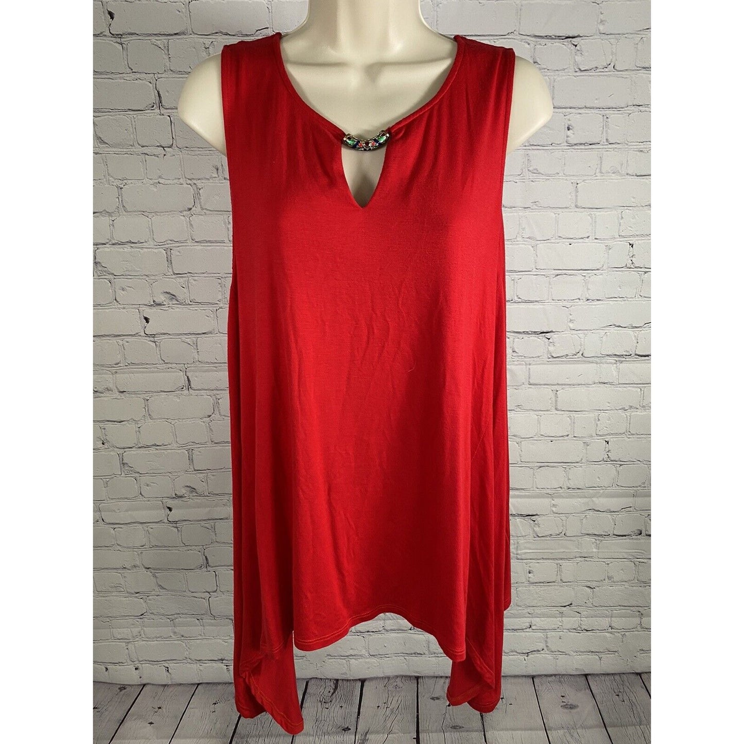 Neiman Marcus Red Sleeveless Jewel Keyhole V Neck Tunic Viscose Blouse M