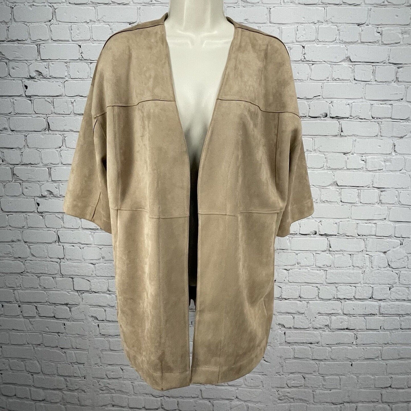 Chicos Faux Suede Brown Open Cardigan Pocketed 1/2 Sleeve Size 1P (US 8P)