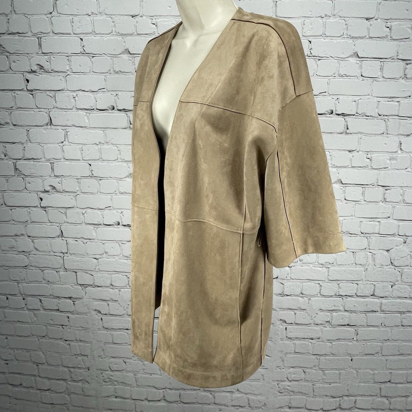 Chicos Faux Suede Brown Open Cardigan Pocketed 1/2 Sleeve Size 1P (US 8P)