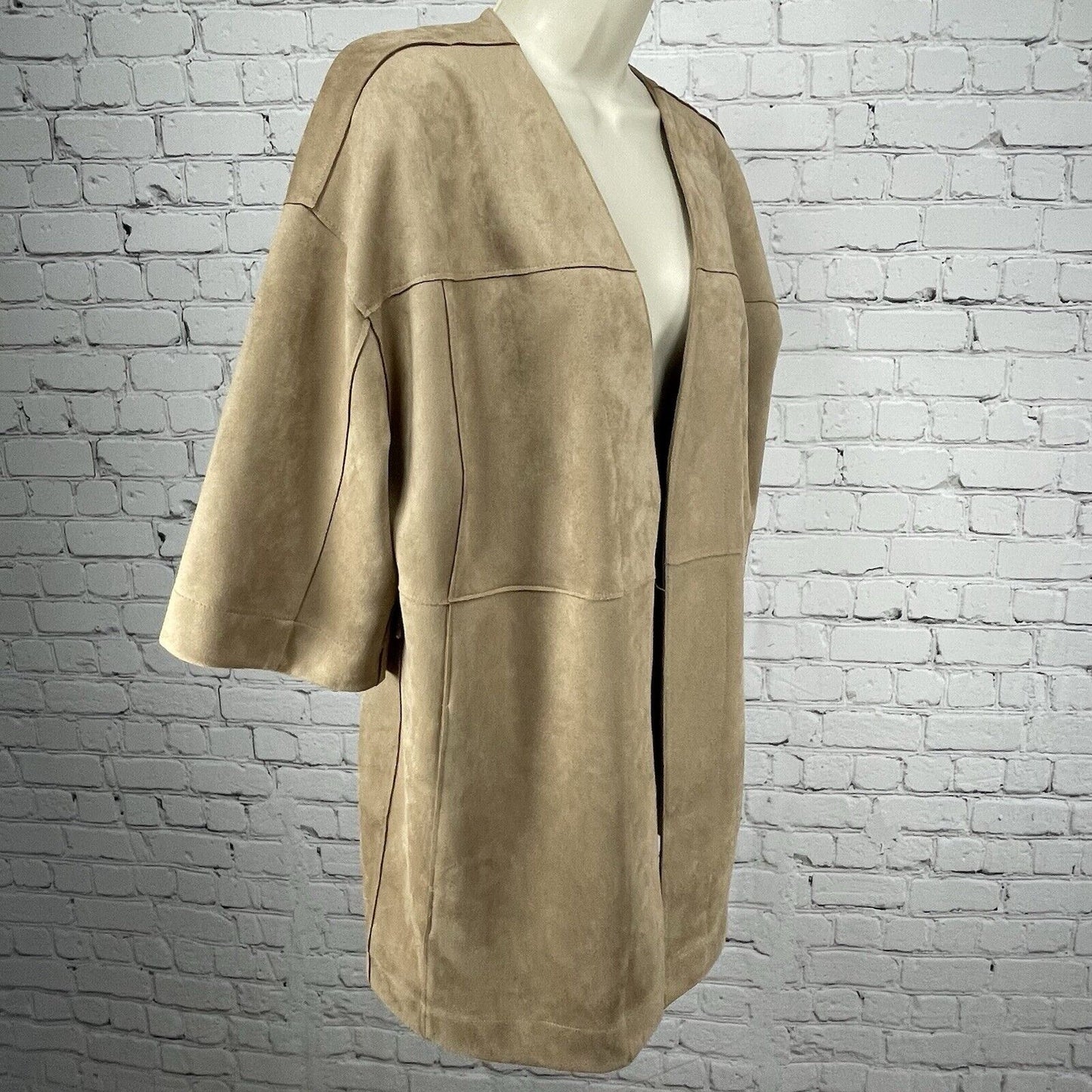 Chicos Faux Suede Brown Open Cardigan Pocketed 1/2 Sleeve Size 1P (US 8P)