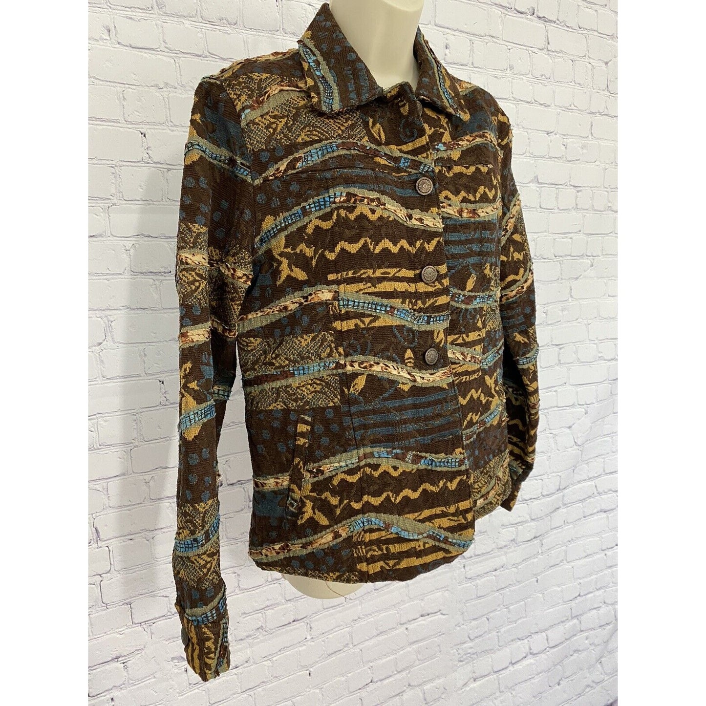 Life Style Brown Orange Blue Collared Button Up Western Shirt Size S Small