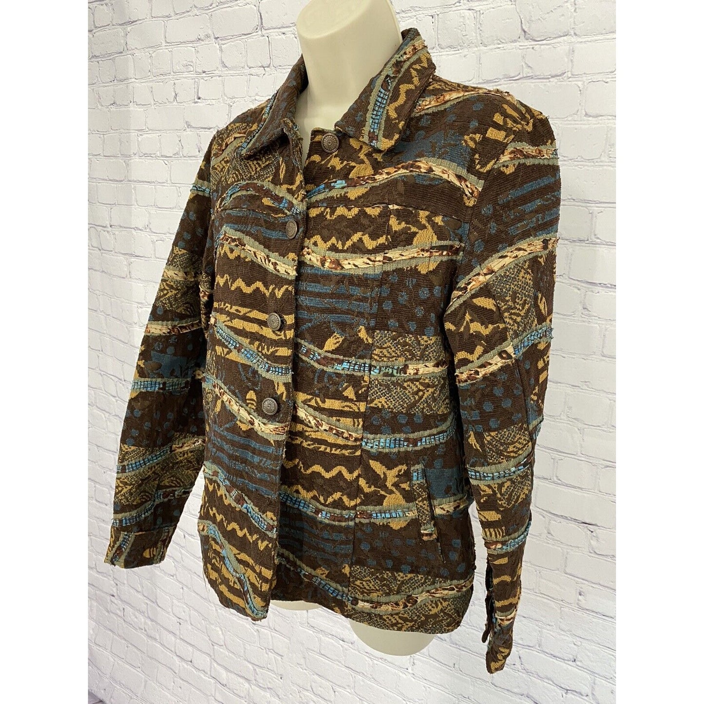 Life Style Brown Orange Blue Collared Button Up Western Shirt Size S Small