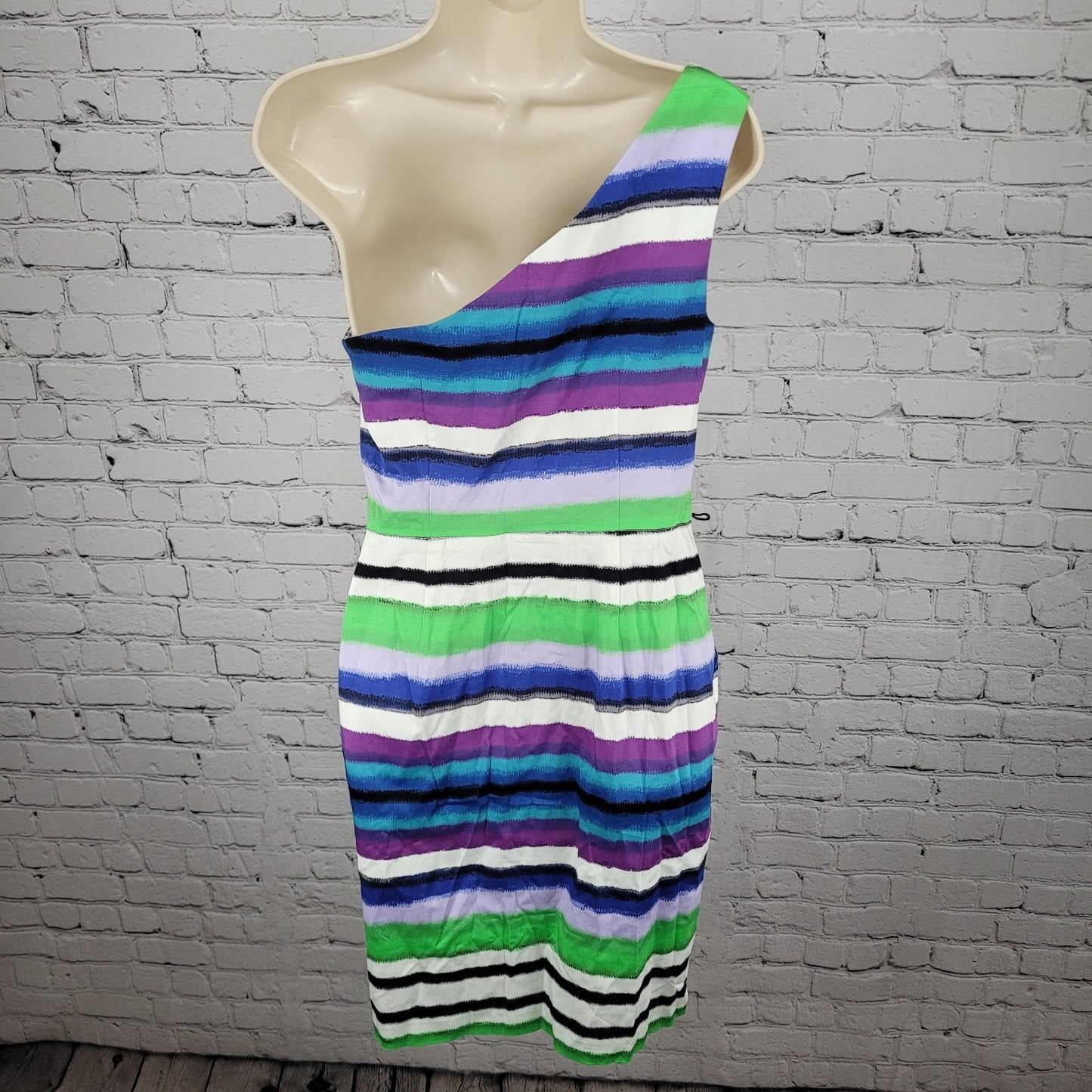 NWD London Times Multicolor Striped Stretch Asymmetrical Shoulder Dress Size 8