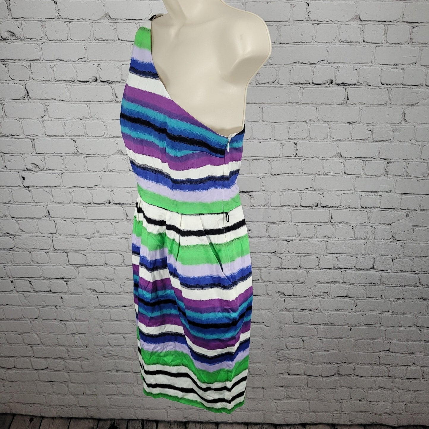 NWD London Times Multicolor Striped Stretch Asymmetrical Shoulder Dress Size 8