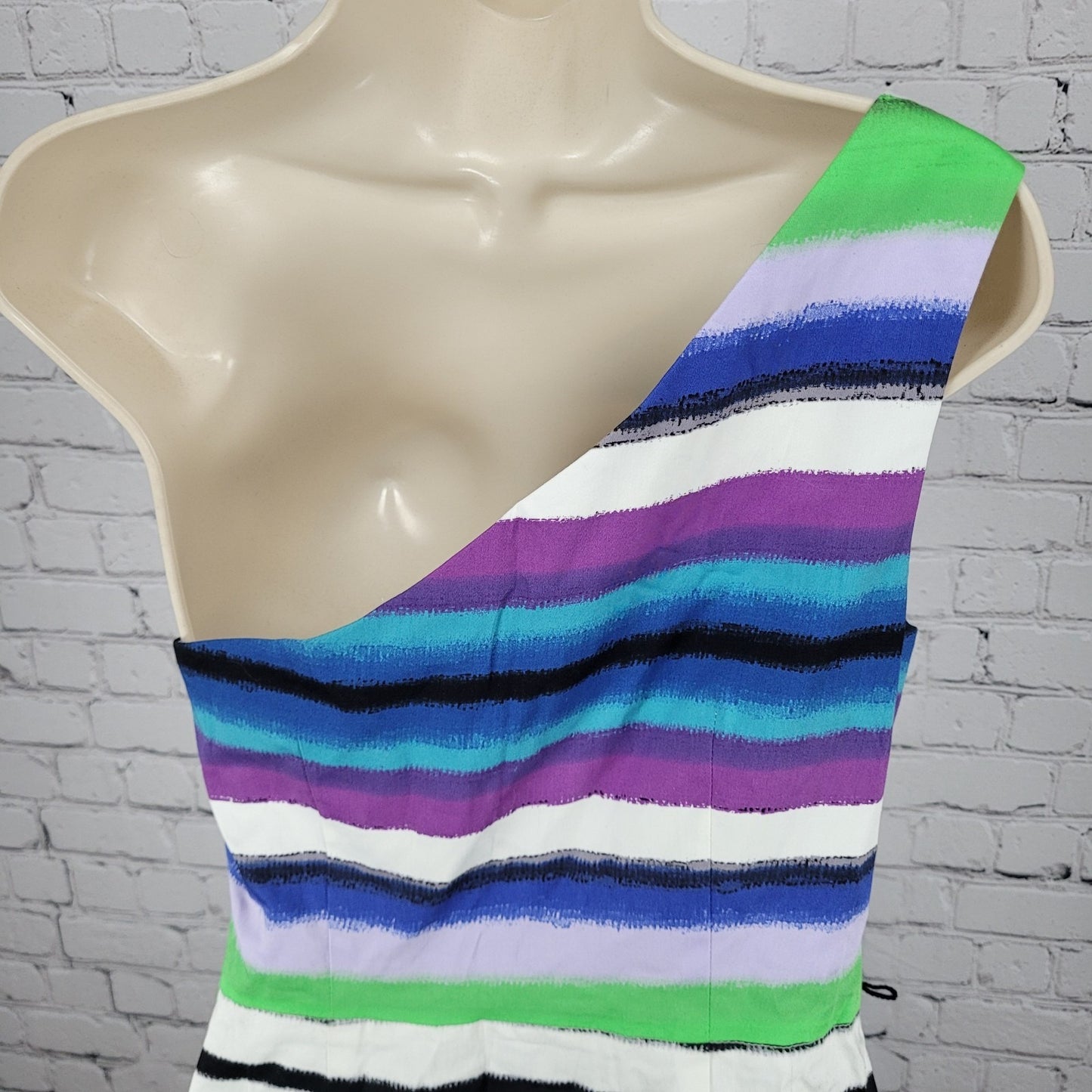 NWD London Times Multicolor Striped Stretch Asymmetrical Shoulder Dress Size 8