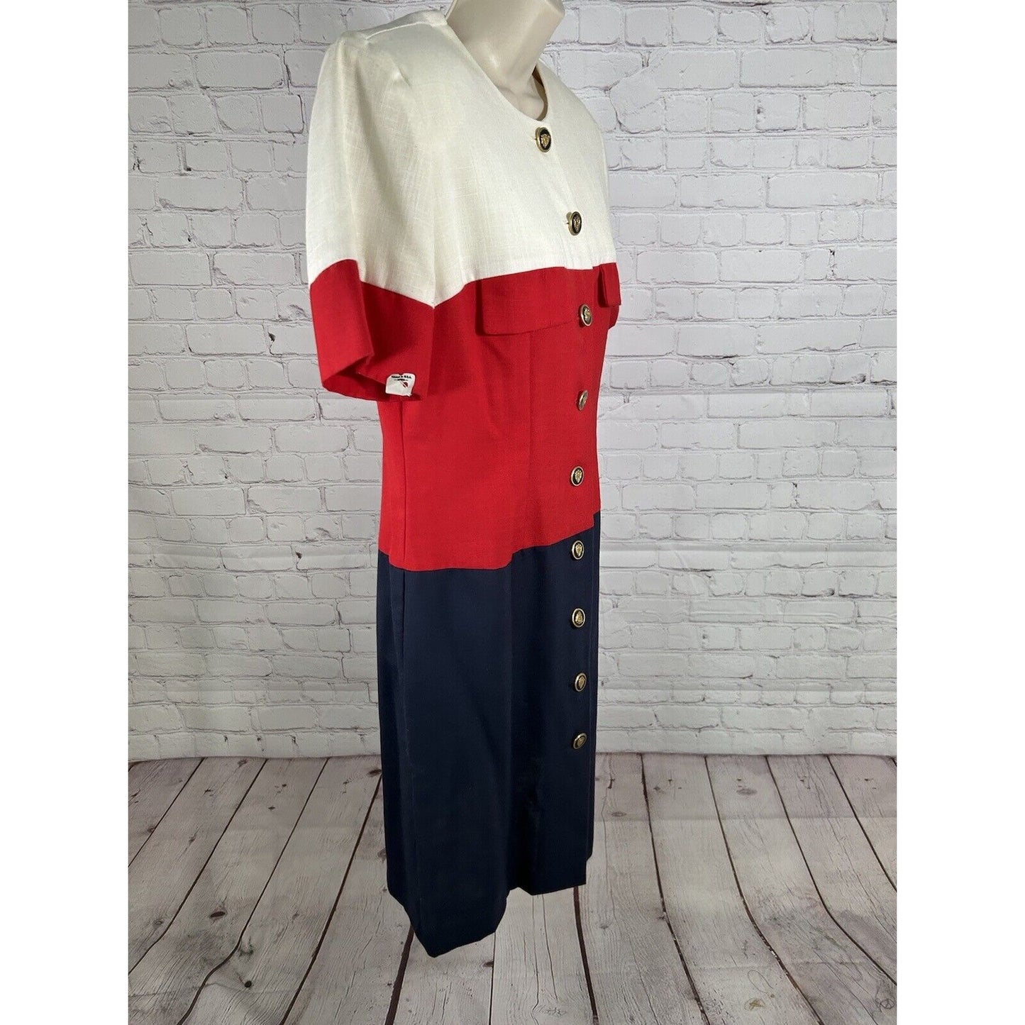 VTG J.W. Trèci White Red Blue Button Down Shoulder Padded Short Sleeve Dress 10
