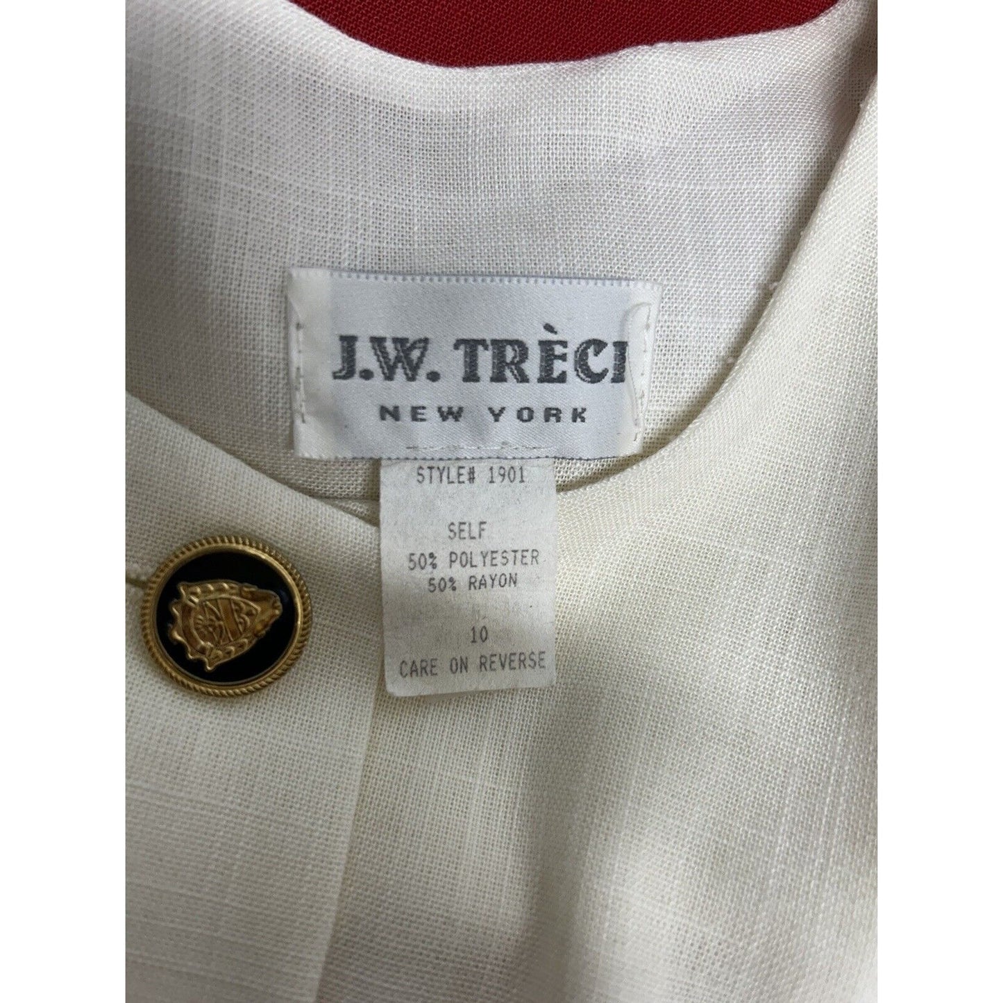 VTG J.W. Trèci White Red Blue Button Down Shoulder Padded Short Sleeve Dress 10