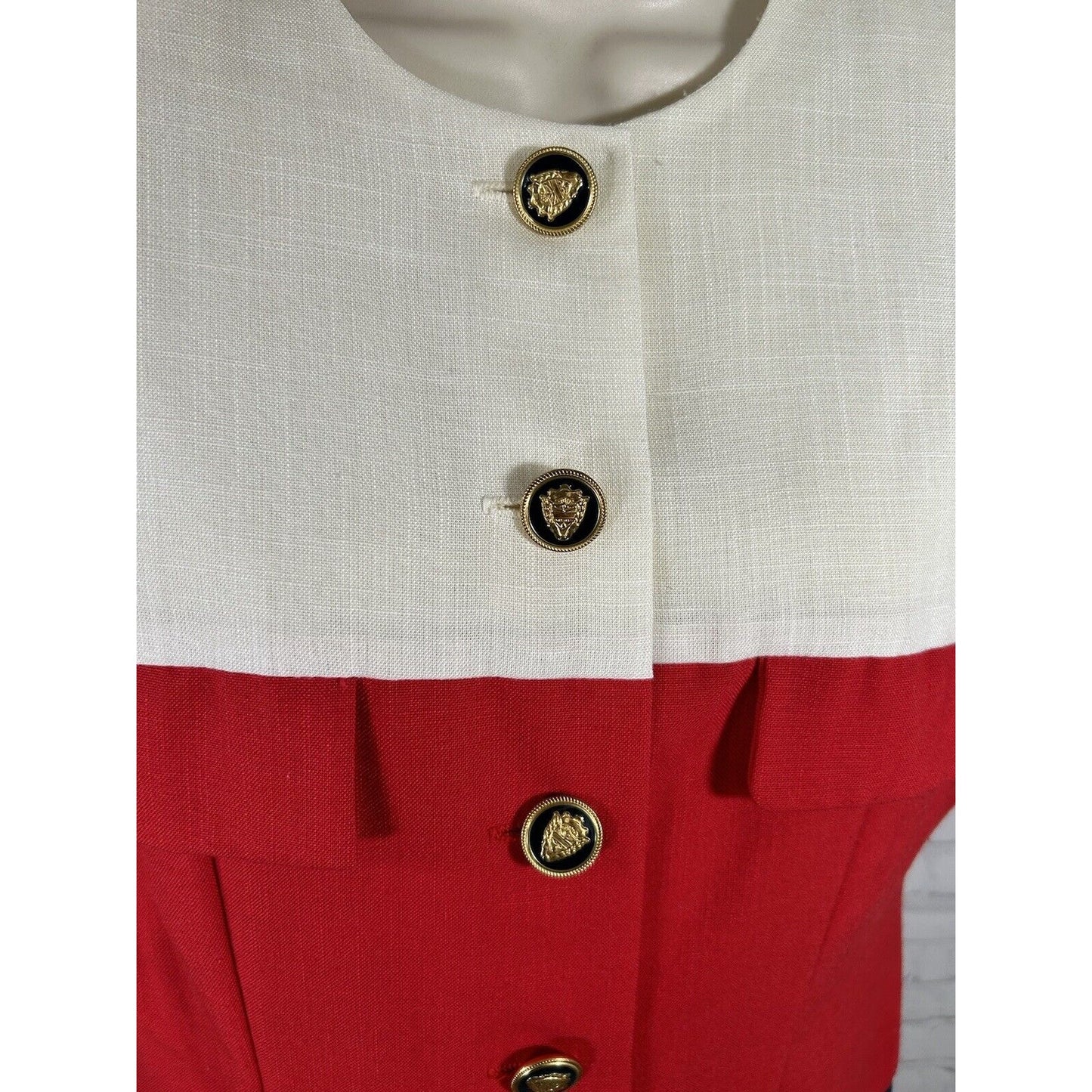VTG J.W. Trèci White Red Blue Button Down Shoulder Padded Short Sleeve Dress 10