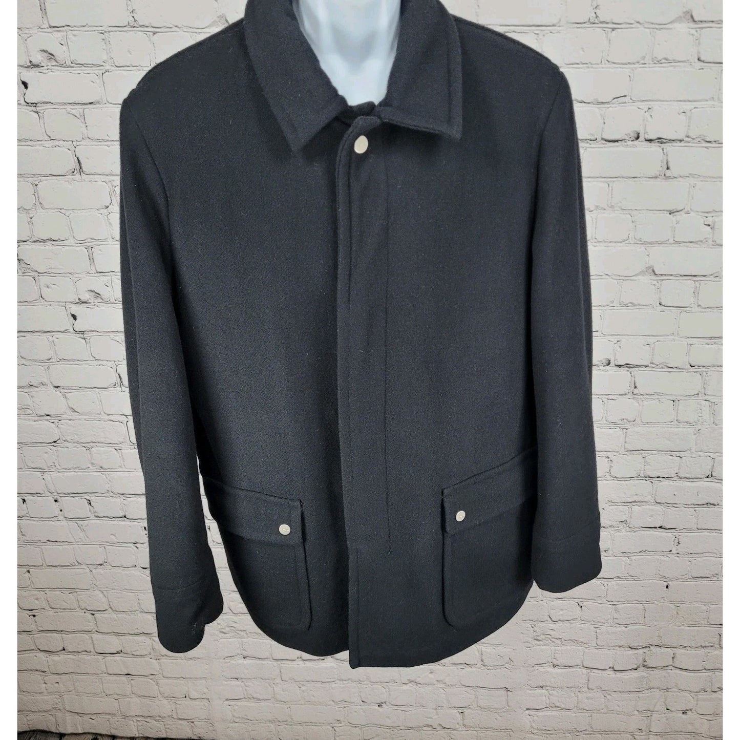 Zara Man Black Wool Blend Snap Up Collared Lined Inner Pocket Coat Size Large L