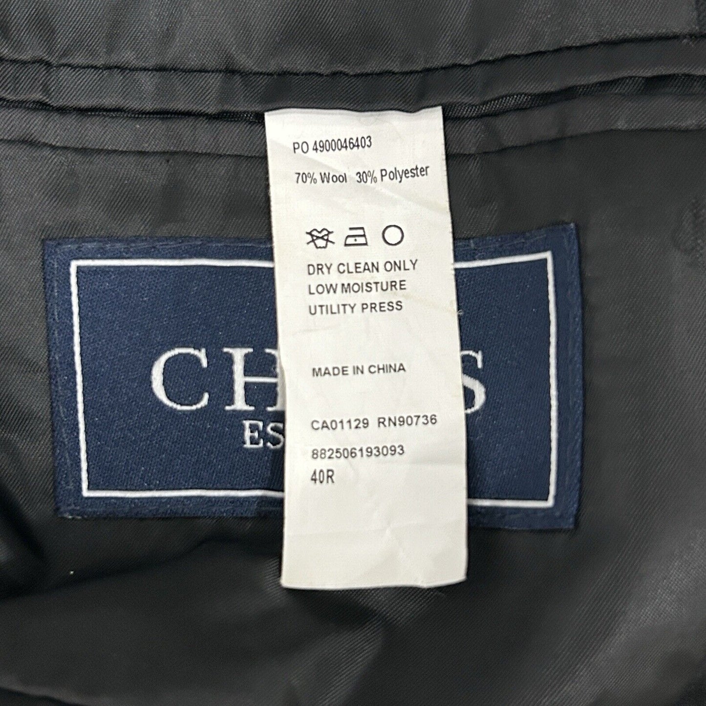 Chaps Solid Black 2 Button Single Vented Collared Suit Jacket Men’s Size 40R