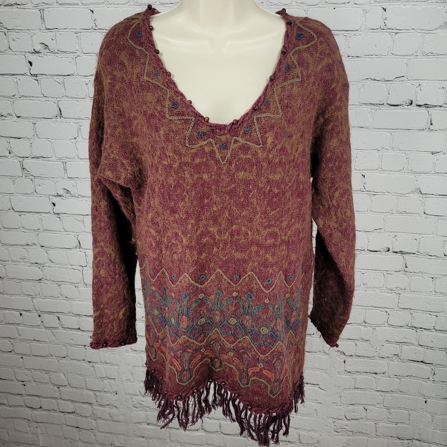 VTG Express Tricot Purple Wool Ramie Embroidered Beaded Sweater Size Medium M