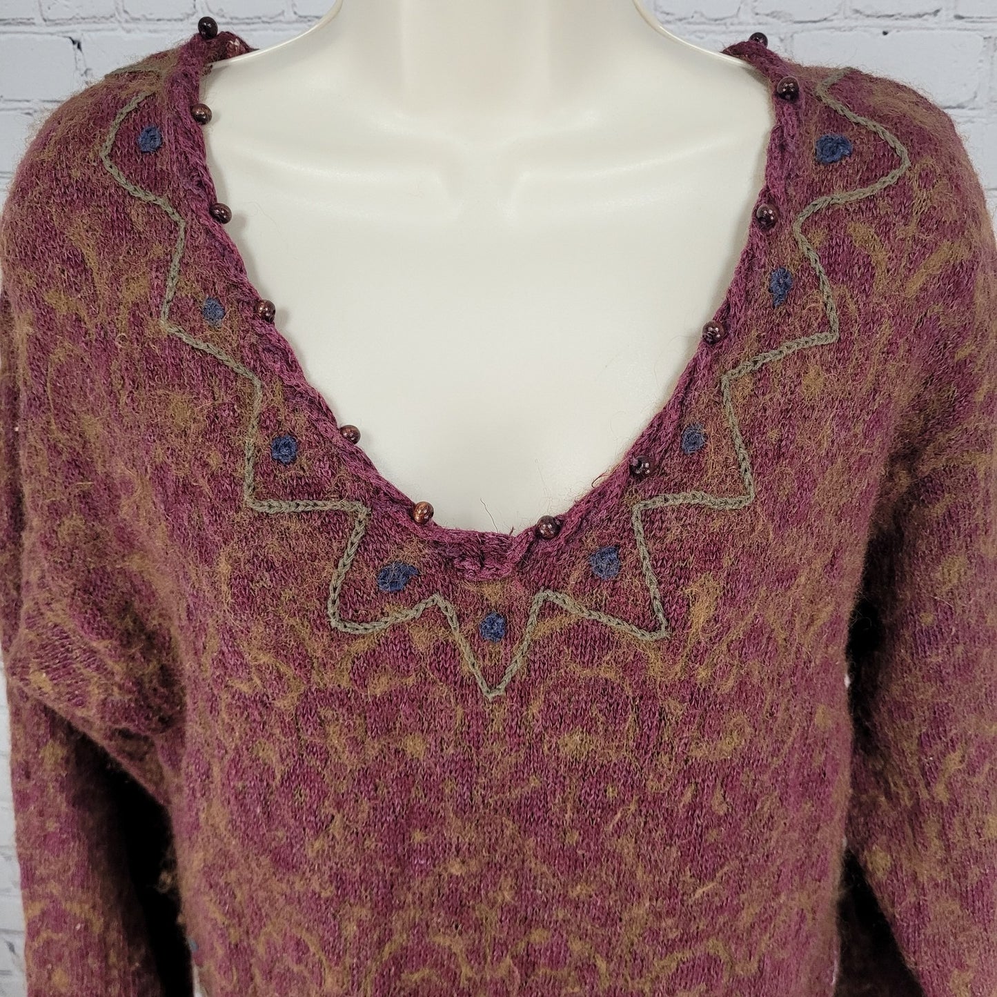 VTG Express Tricot Purple Wool Ramie Embroidered Beaded Sweater Size Medium M