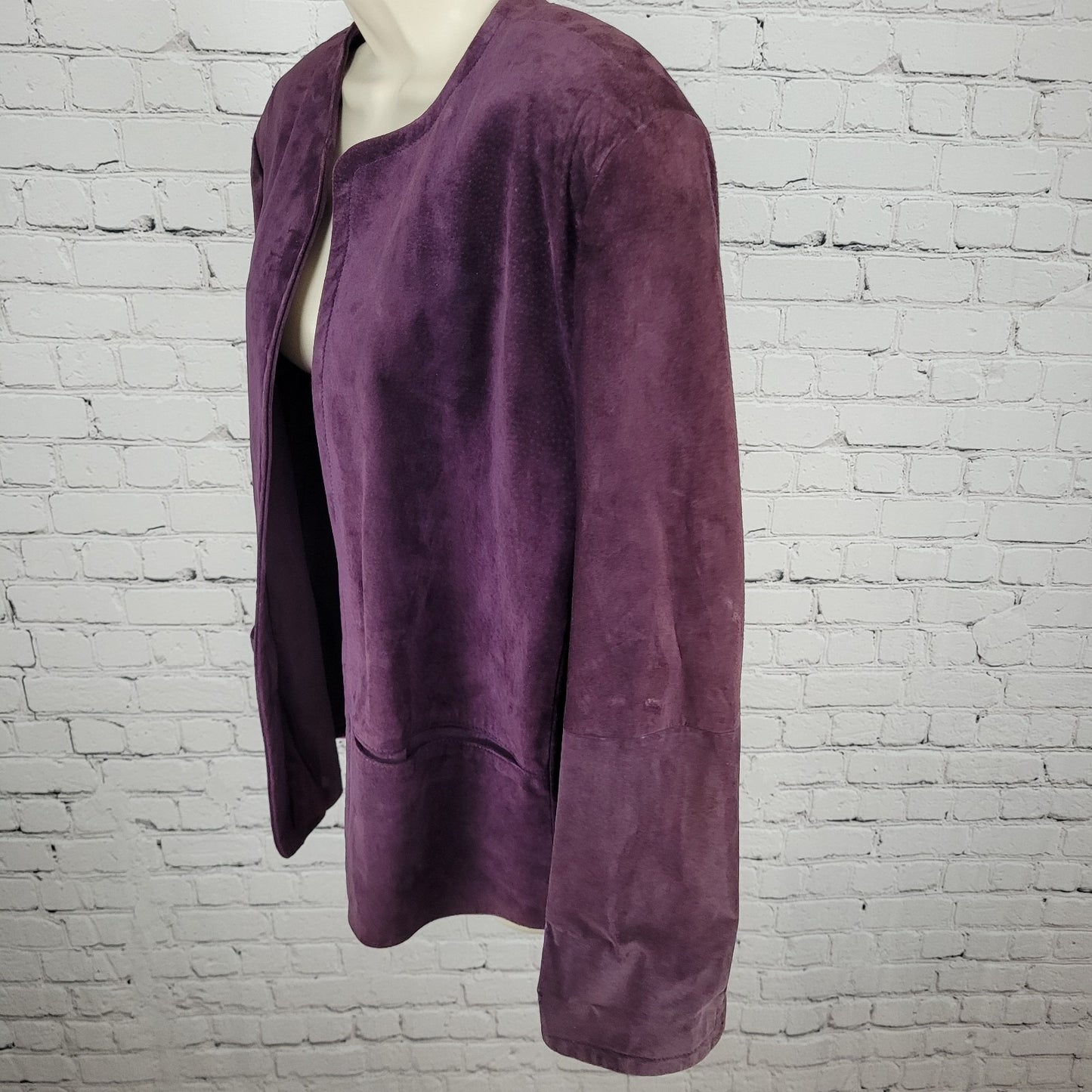 VTG Talbots Purple Genuine Suede Open Collarless Lined Jacket USA Made Size XL
