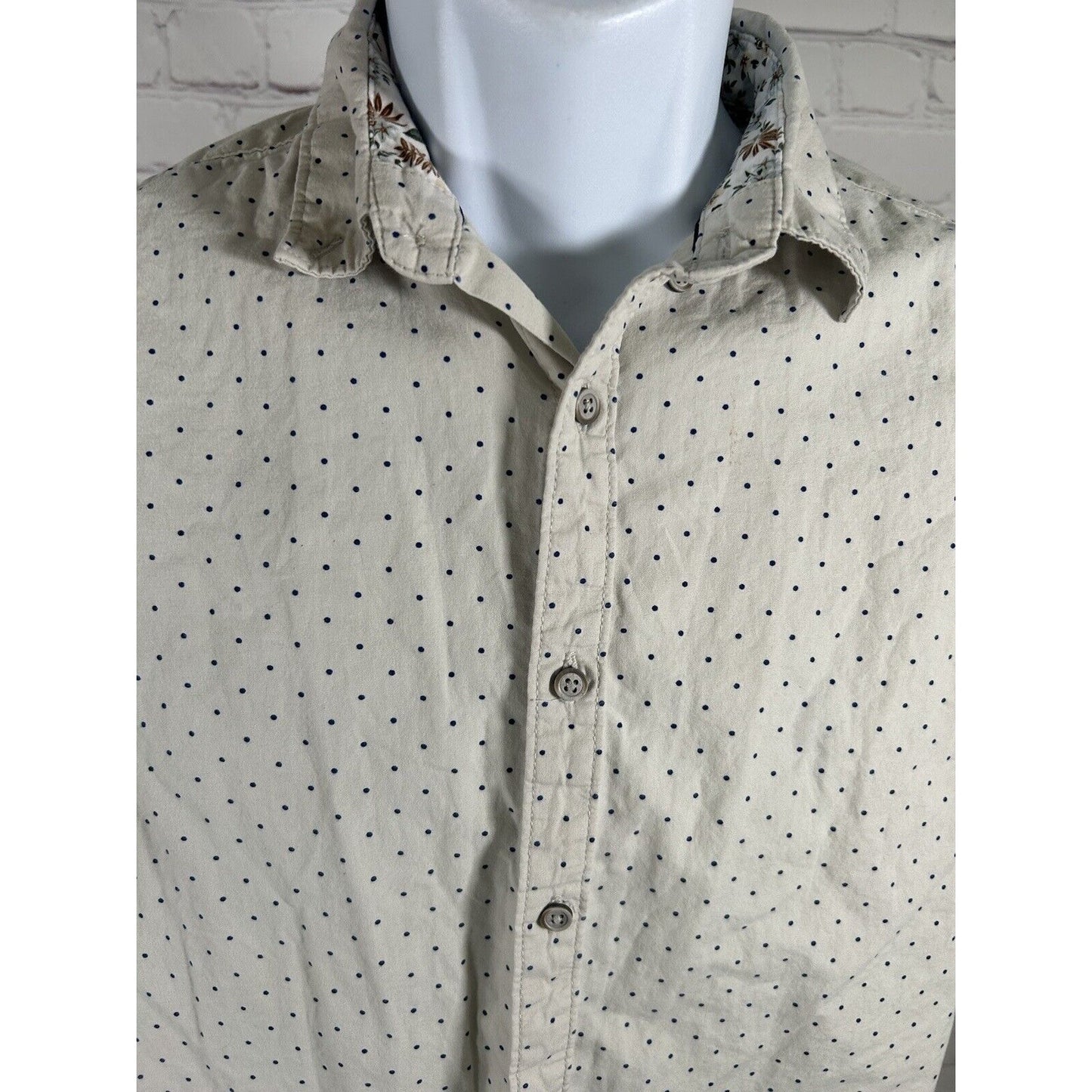Denim & Flower Ricky Singh Short Sleeve Cream Blue Polka Dot Button Up Shirt S