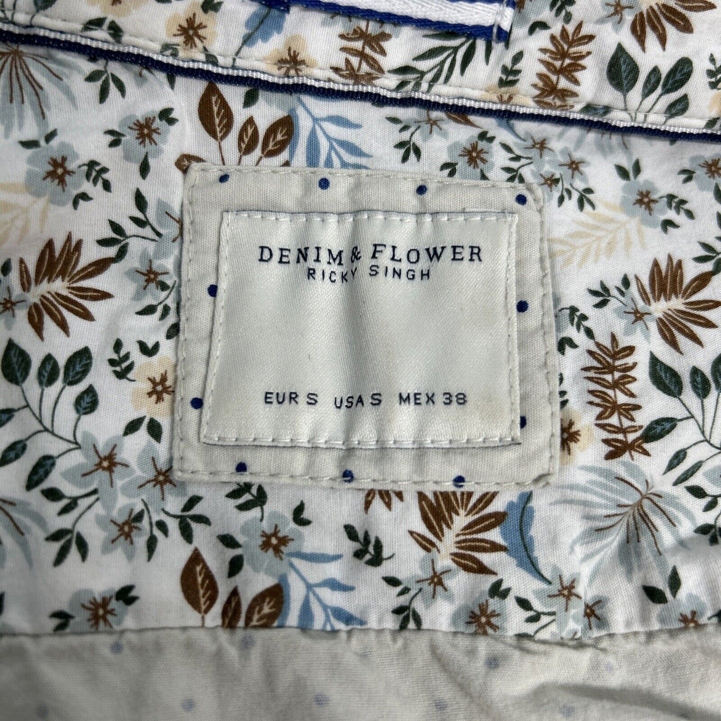 Denim & Flower Ricky Singh Short Sleeve Cream Blue Polka Dot Button Up Shirt S