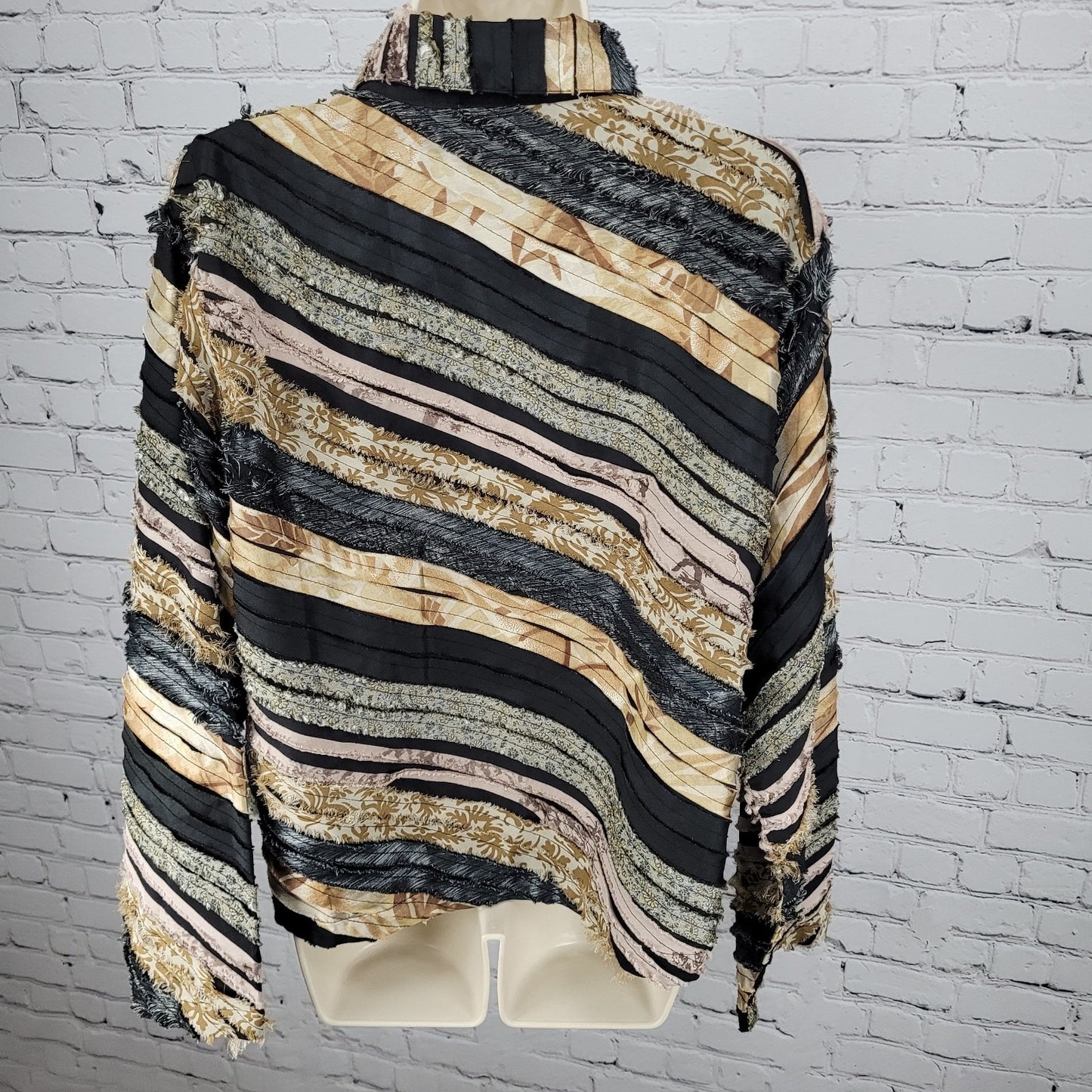 Keren Hart Multicolor Fringe Striped Button Up Long Sleeve Top Shirt Size XL