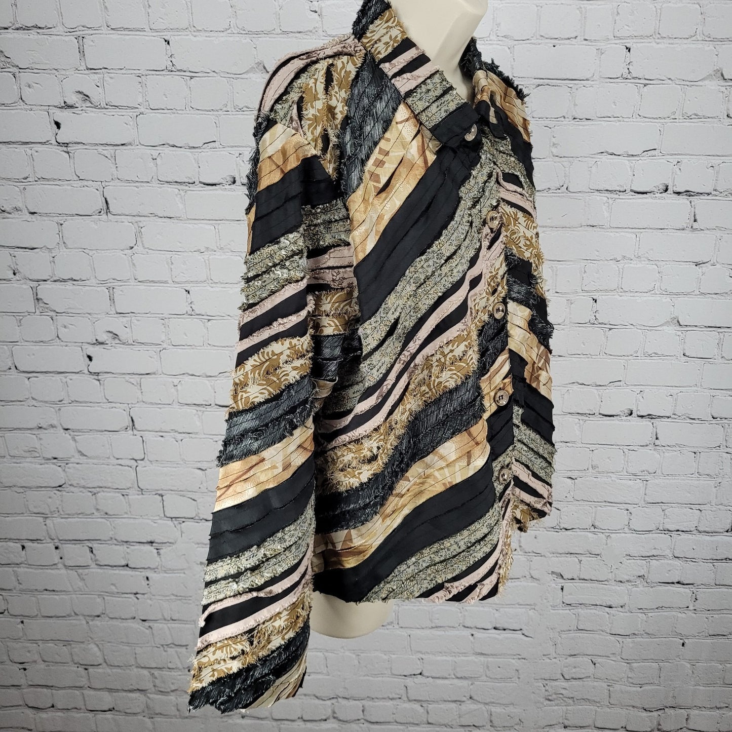 Keren Hart Multicolor Fringe Striped Button Up Long Sleeve Top Shirt Size XL