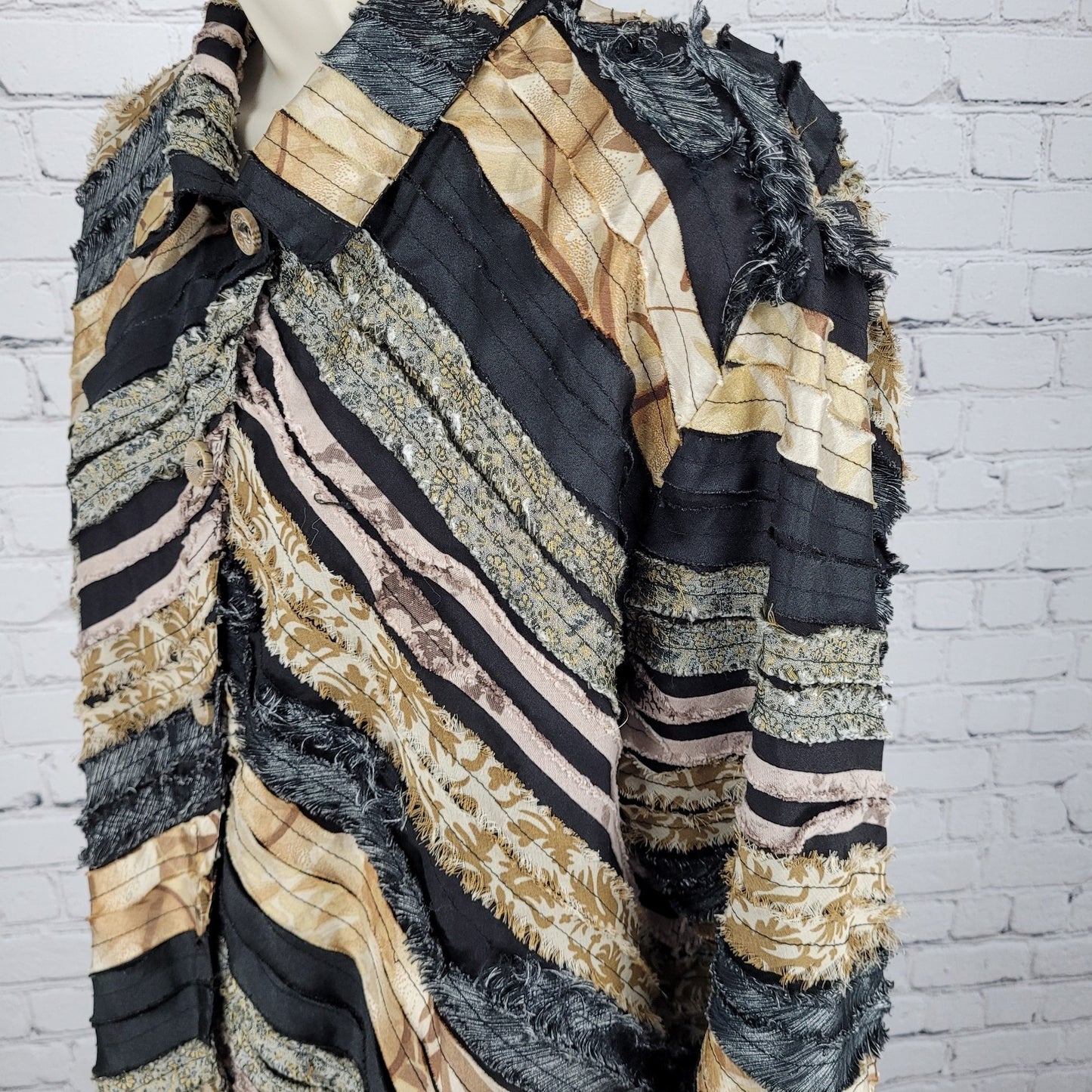 Keren Hart Multicolor Fringe Striped Button Up Long Sleeve Top Shirt Size XL