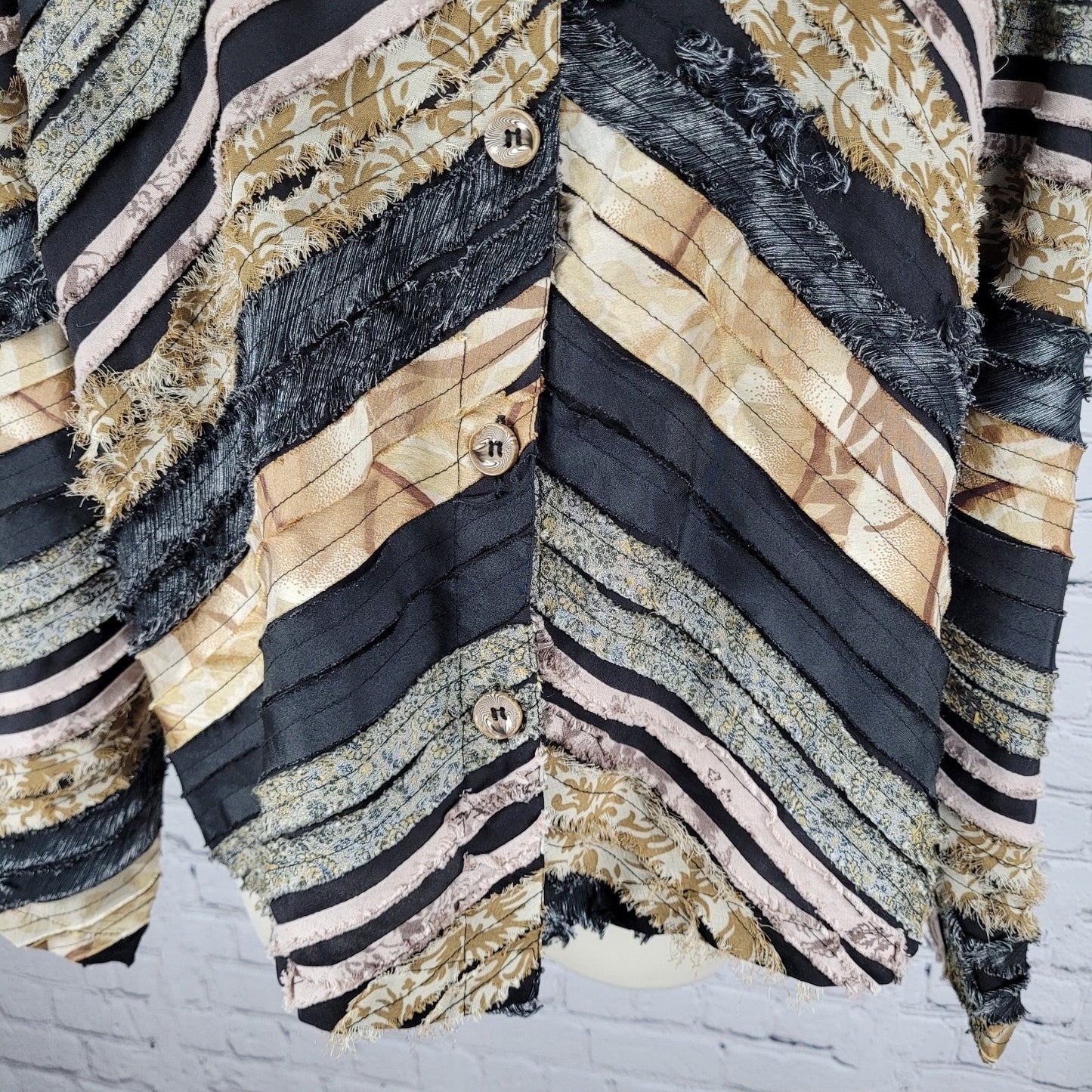 Keren Hart Multicolor Fringe Striped Button Up Long Sleeve Top Shirt Size XL