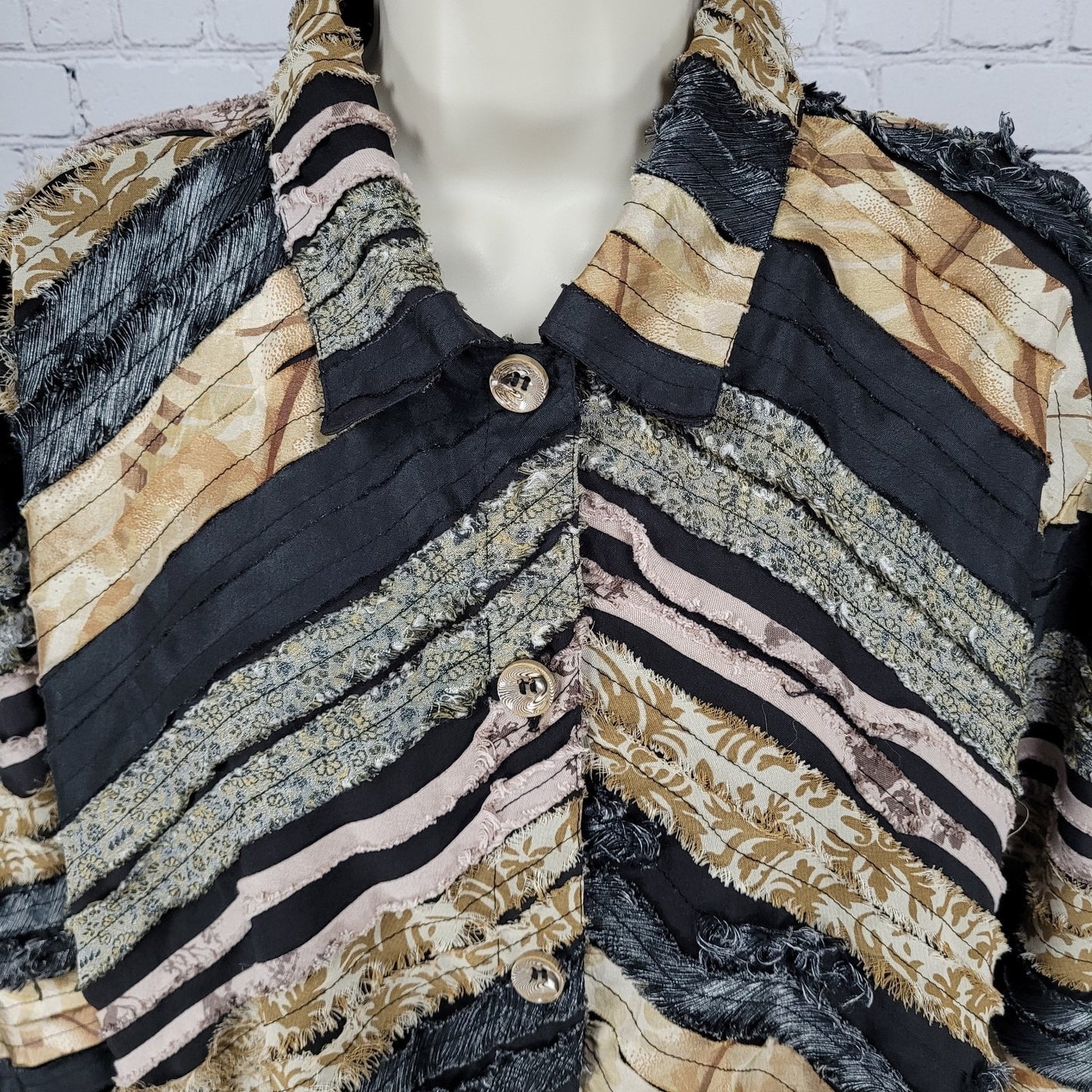 Keren Hart Multicolor Fringe Striped Button Up Long Sleeve Top Shirt Size XL