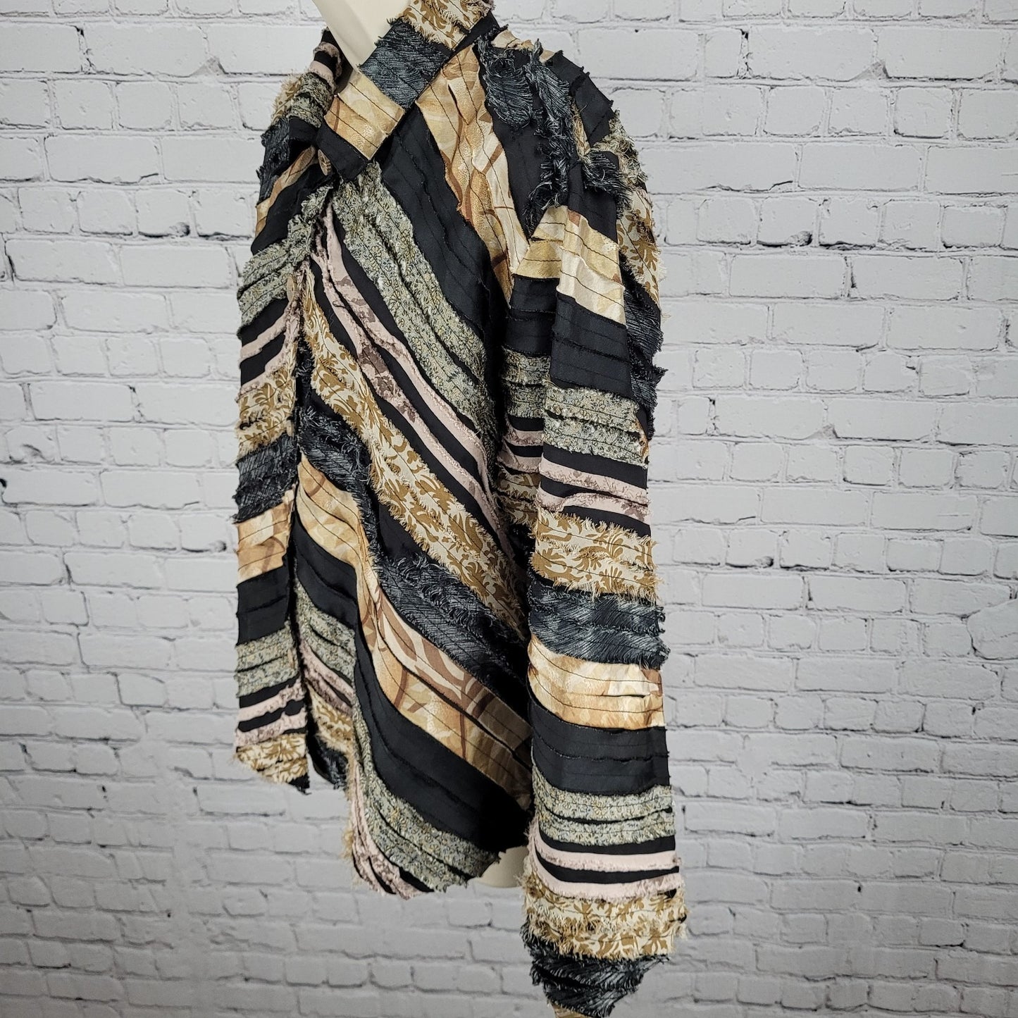 Keren Hart Multicolor Fringe Striped Button Up Long Sleeve Top Shirt Size XL