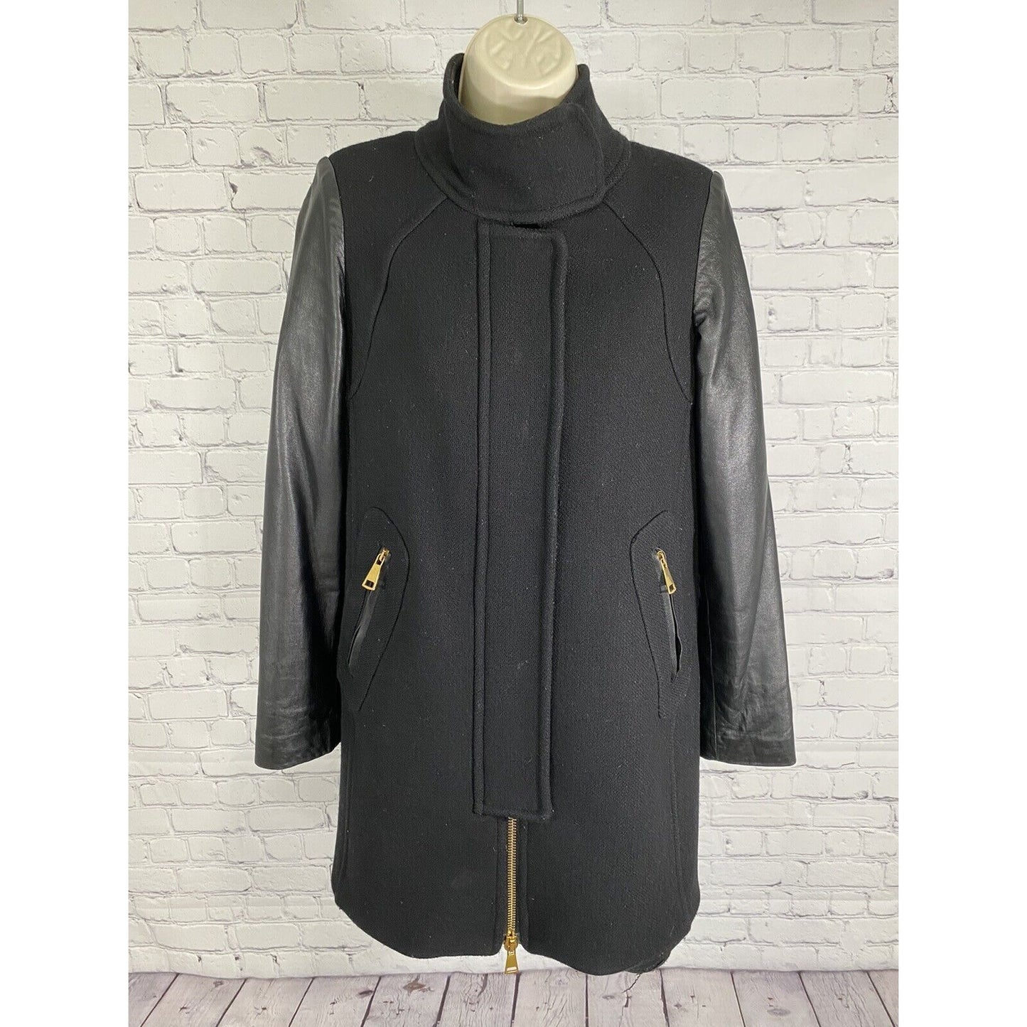 Milly Black Lamb Leather Sleeve Wool Blend Gold Zip Accent Long Coat Jacket 4