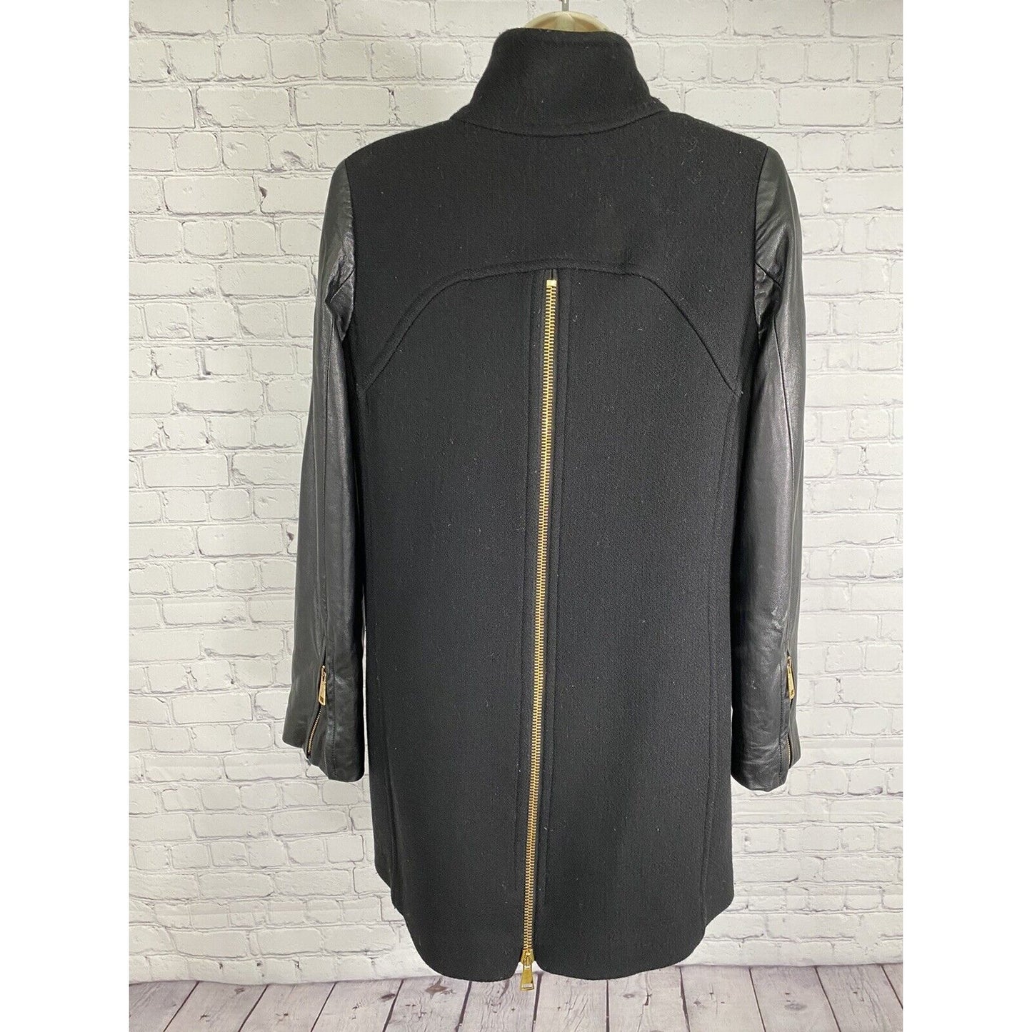 Milly Black Lamb Leather Sleeve Wool Blend Gold Zip Accent Long Coat Jacket 4