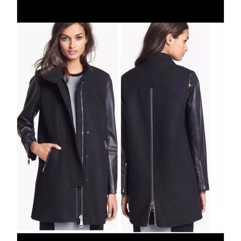 Milly Black Lamb Leather Sleeve Wool Blend Gold Zip Accent Long Coat Jacket 4