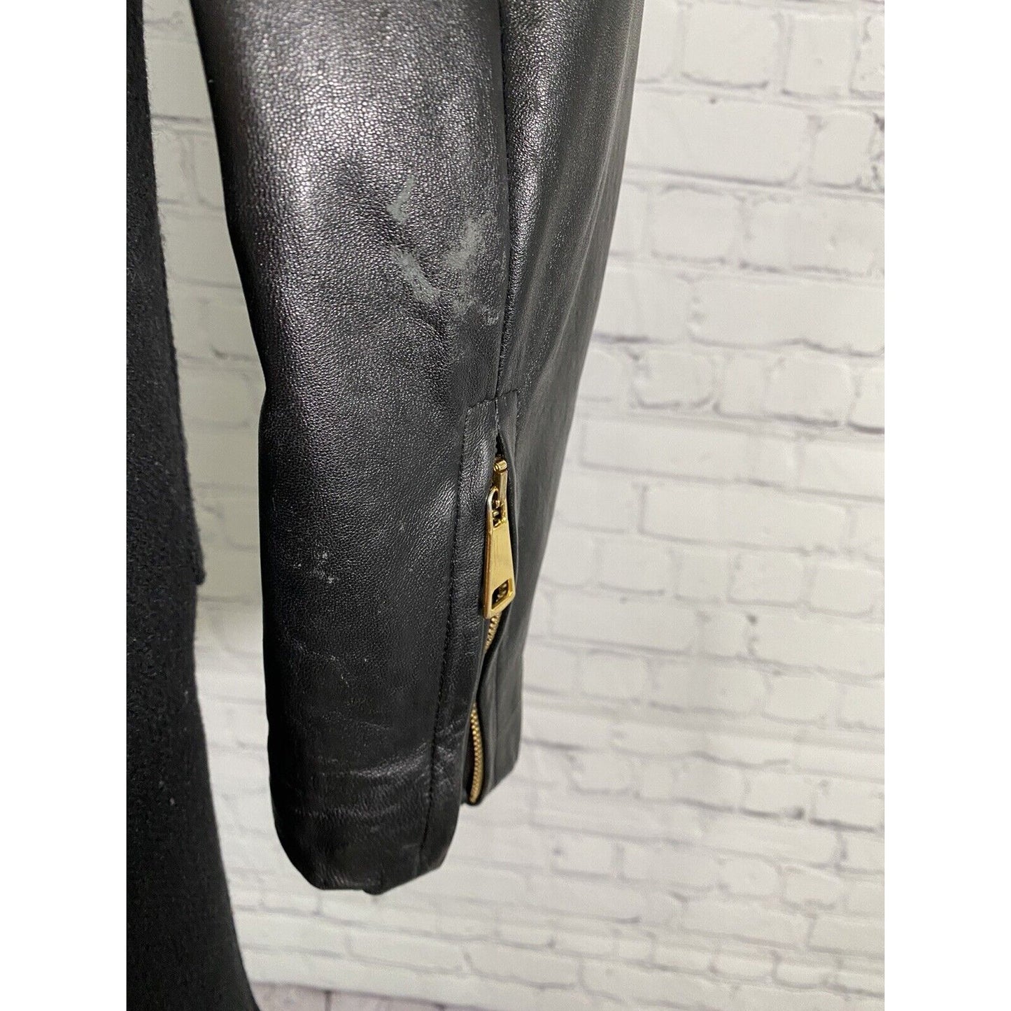 Milly Black Lamb Leather Sleeve Wool Blend Gold Zip Accent Long Coat Jacket 4