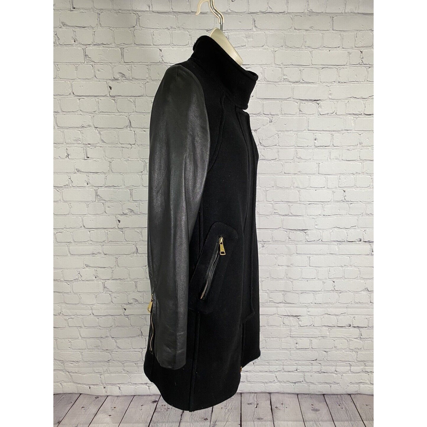 Milly Black Lamb Leather Sleeve Wool Blend Gold Zip Accent Long Coat Jacket 4
