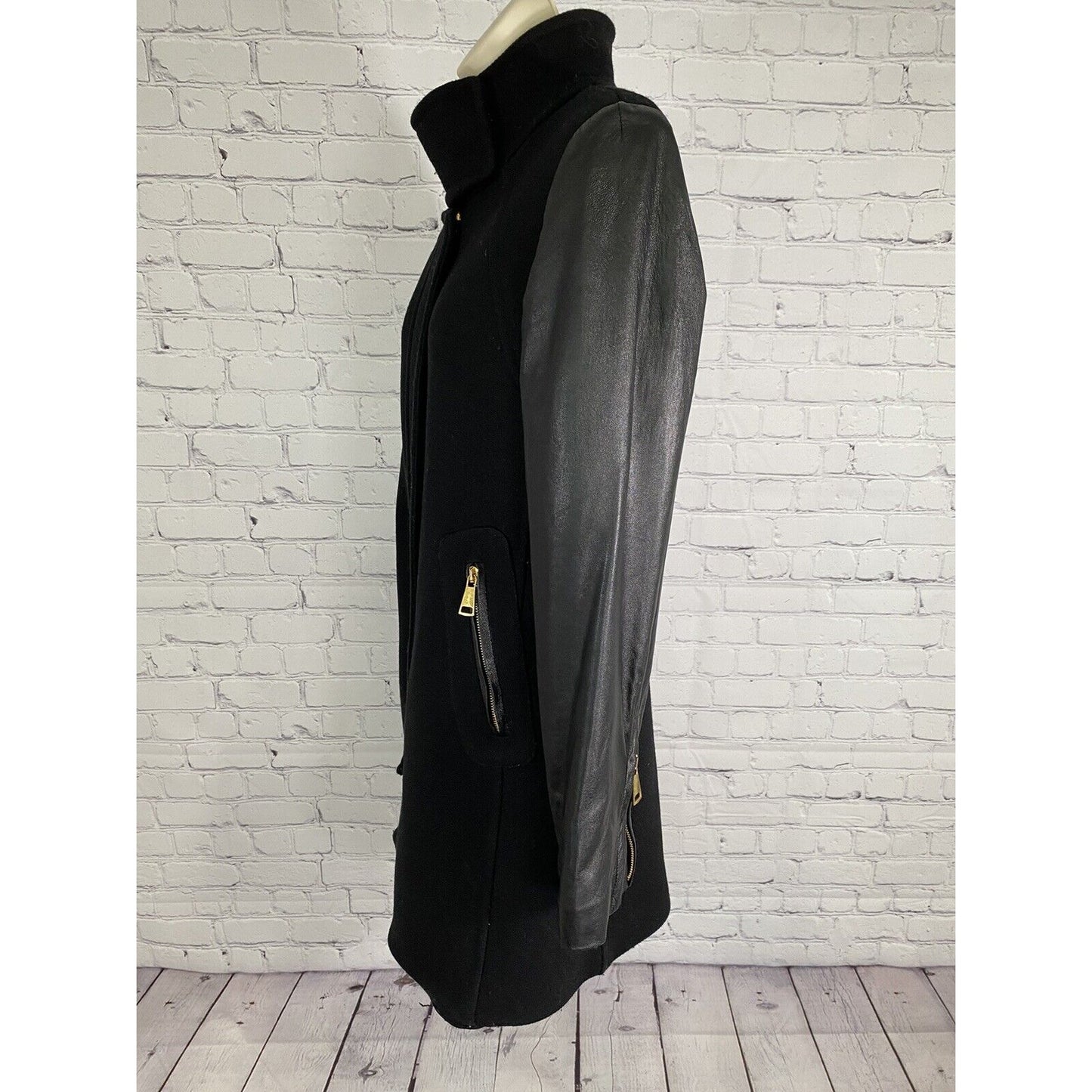 Milly Black Lamb Leather Sleeve Wool Blend Gold Zip Accent Long Coat Jacket 4