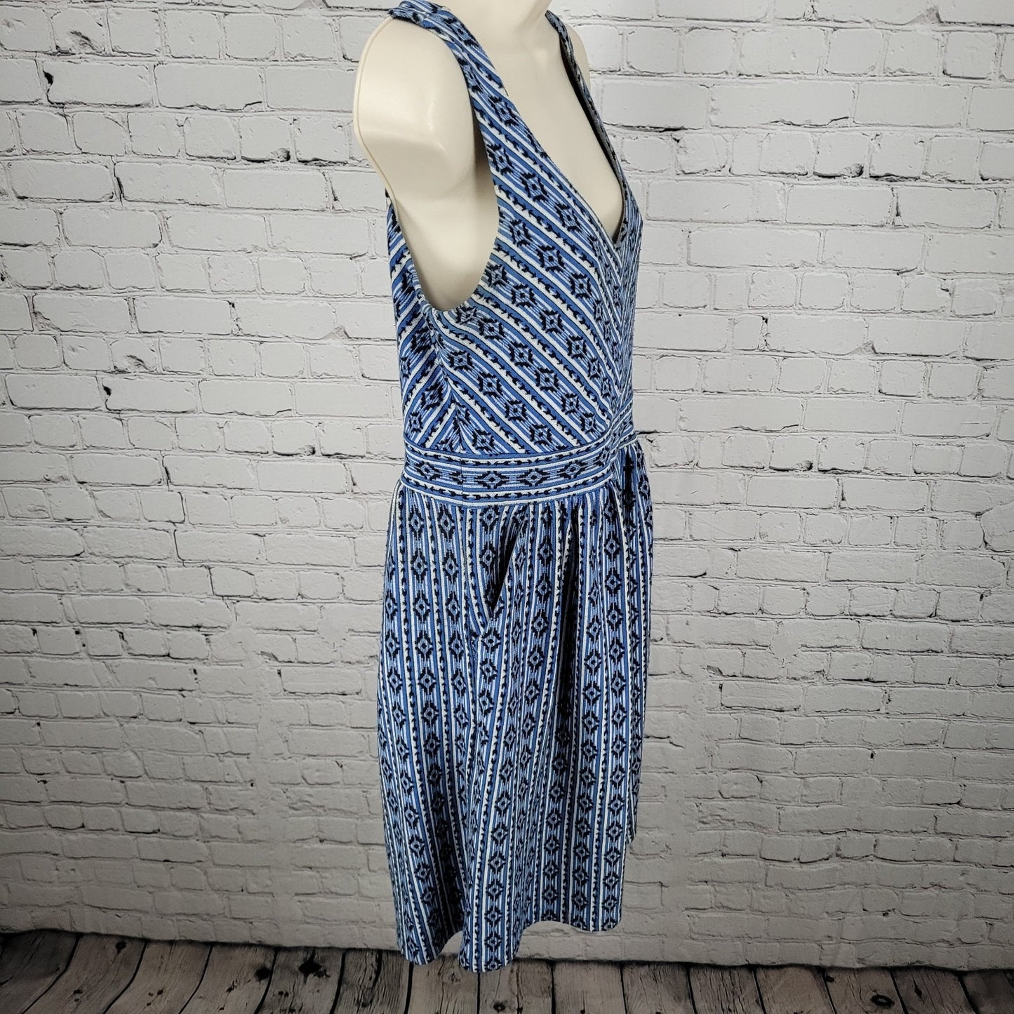 Maeve Anthropologie Blue Geometric Sleeveless Stretch Fit & Flare Dress Size 8