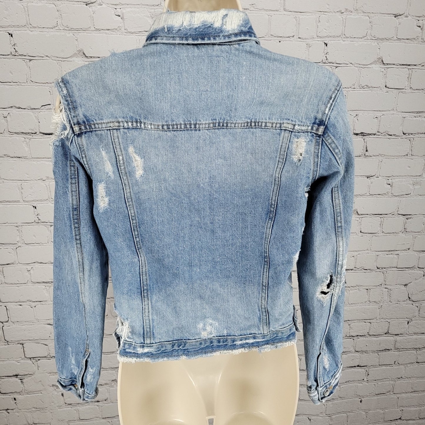 Zara Trafaluc Denimwear Blue Distressed Button Up Jean Denim Jacket Size Small S