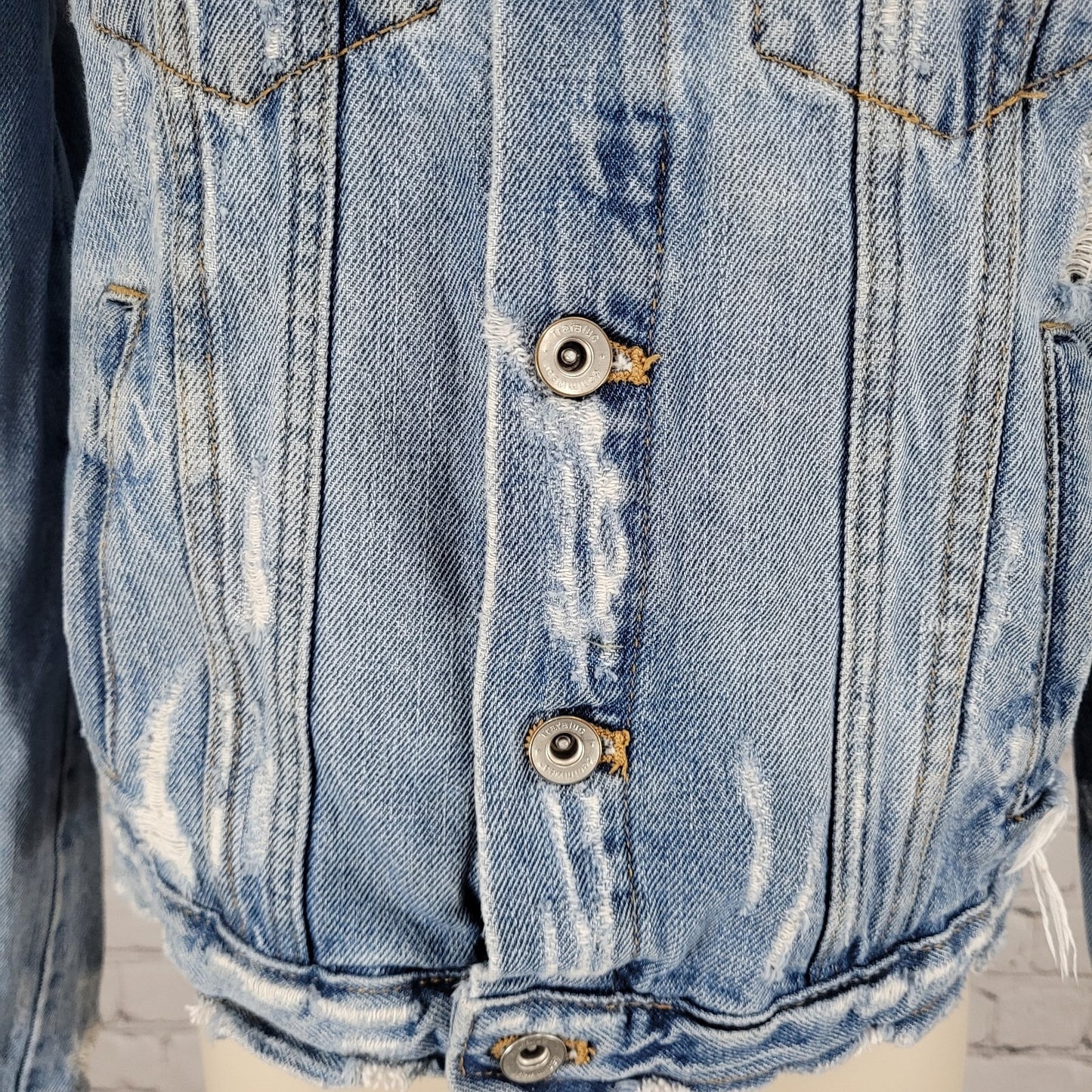 Zara Trafaluc Denimwear Blue Distressed Button Up Jean Denim Jacket Size Small S