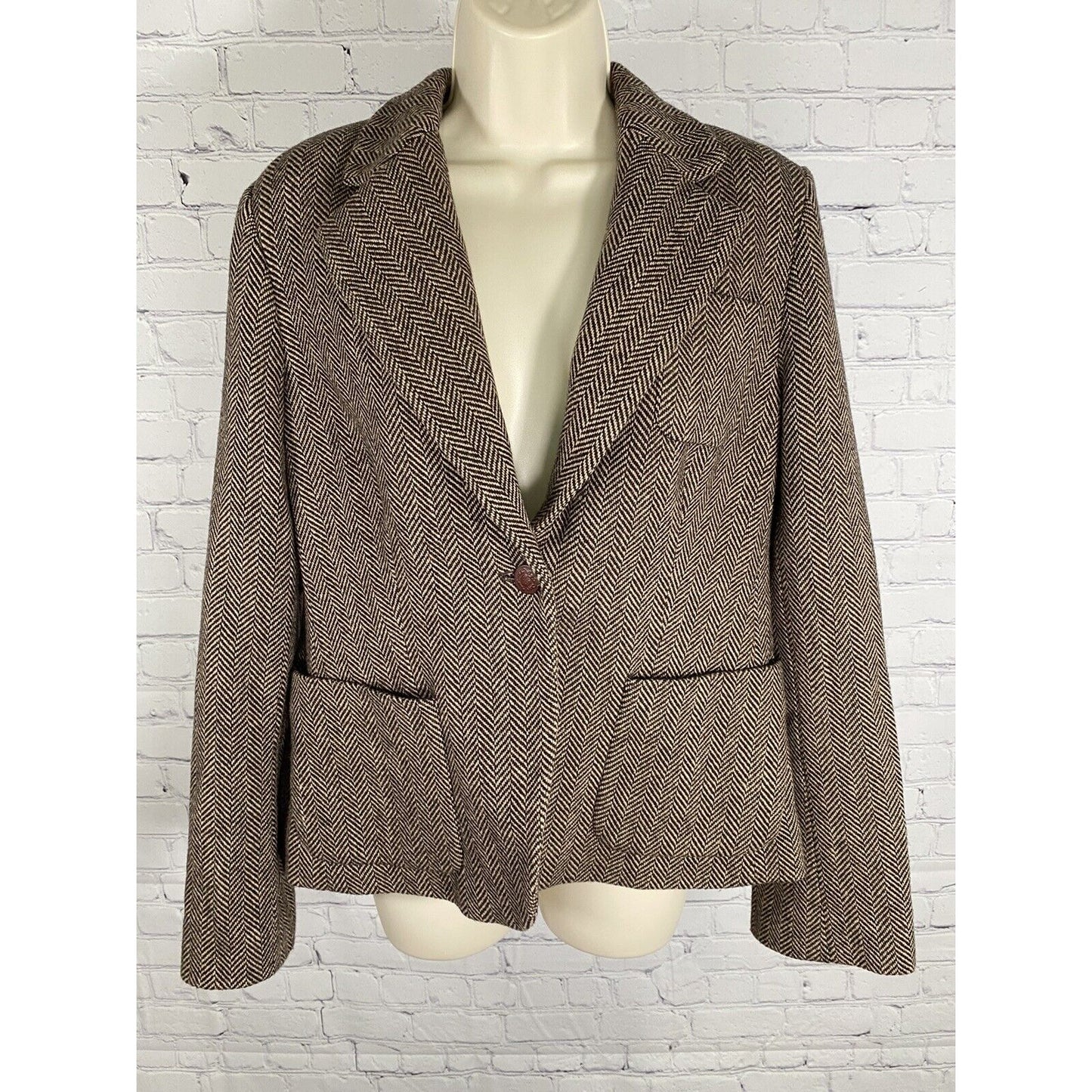 Nautica Wool Blend Herringbone Brown Single Button Blazer Jacket Womens 10