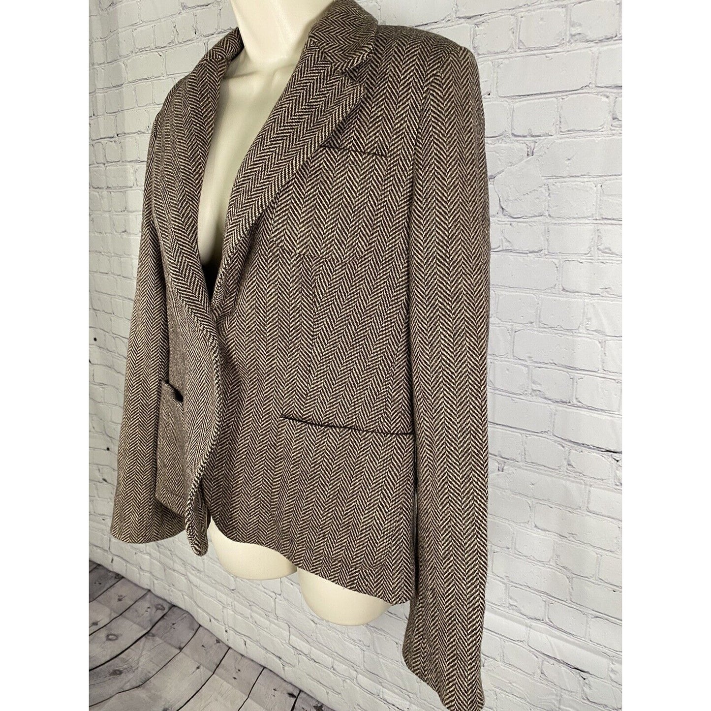 Nautica Wool Blend Herringbone Brown Single Button Blazer Jacket Womens 10